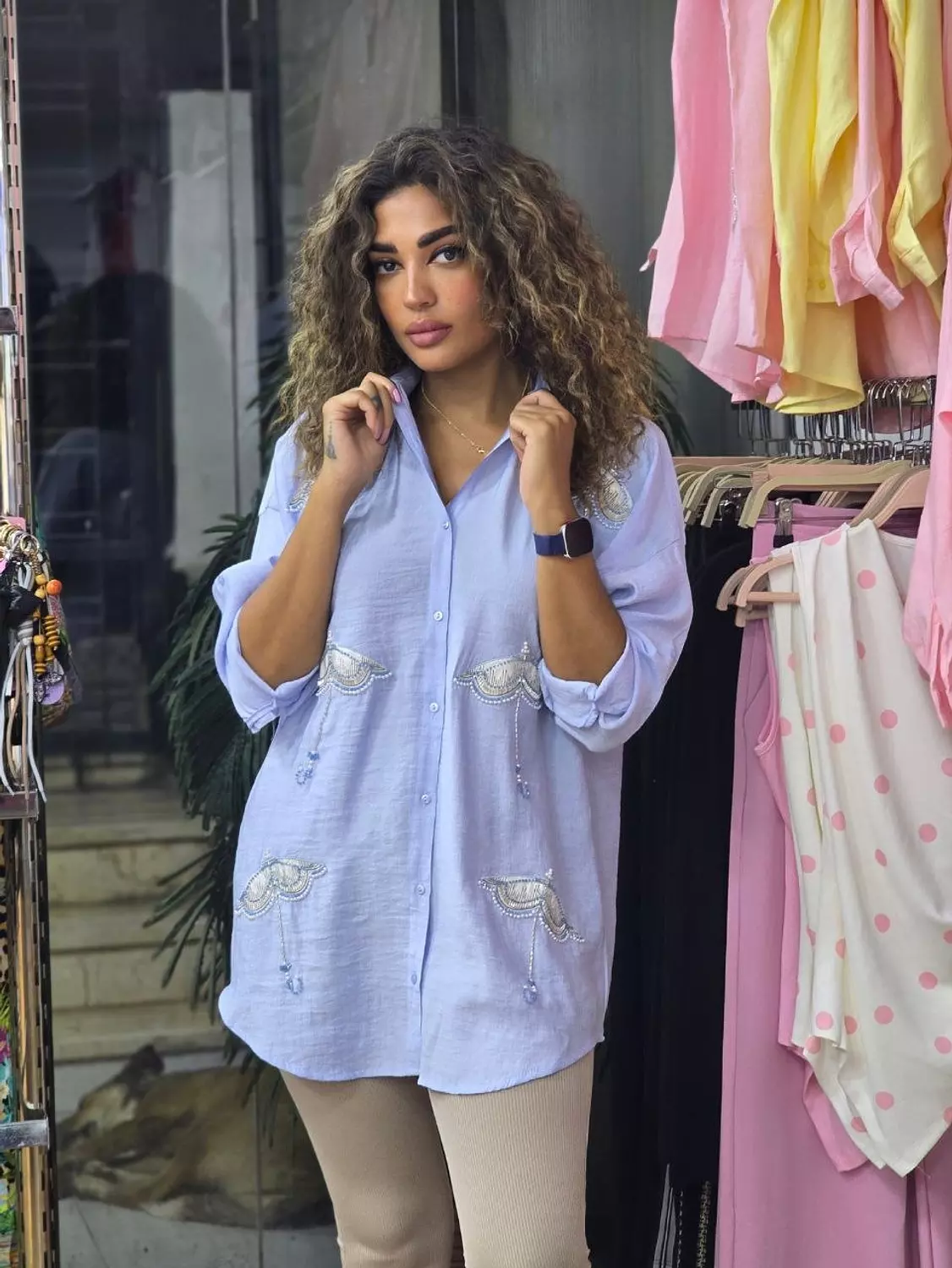 Baby blue Umbrella embroidered linen shirt 🌂  3