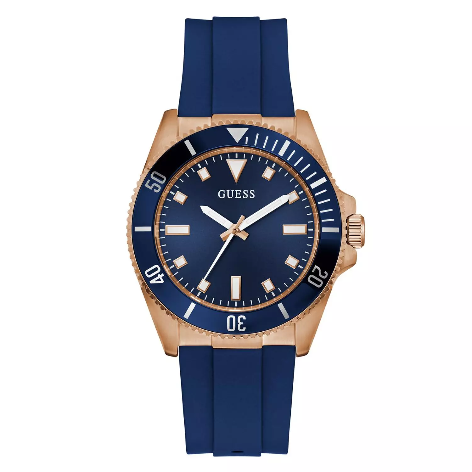 GUESS CLIFF Mens Blue Rose Gold Tone Analog Watch Blue Silicone Smooth Strap image