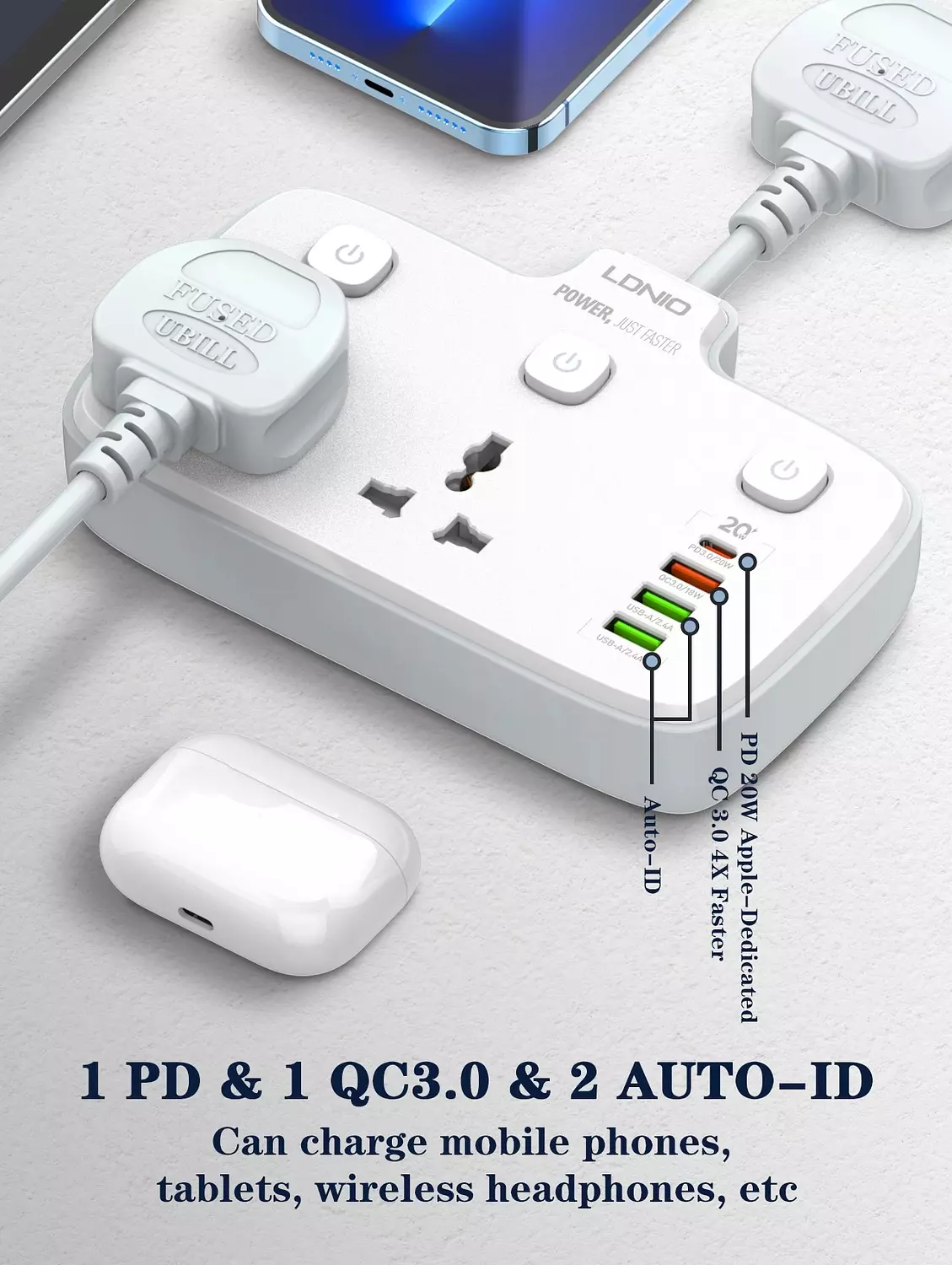 SC2413 Power Strip 2500W 4 USB Ports Fast Charging PD QC3.0 White 7