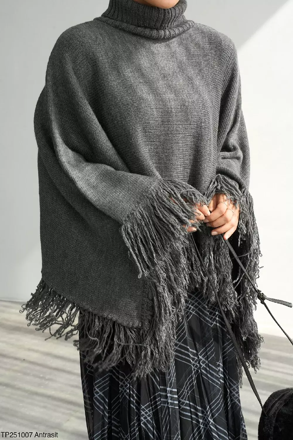 Grey Poncho High Neck With Fringes  4