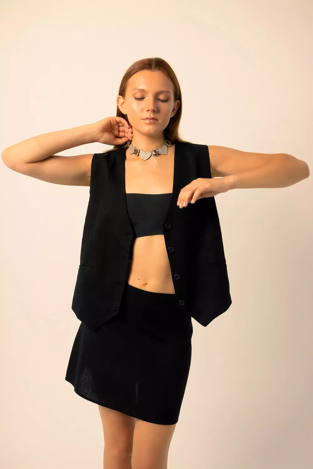 Linen Blend Mini Skirt - Black hover image