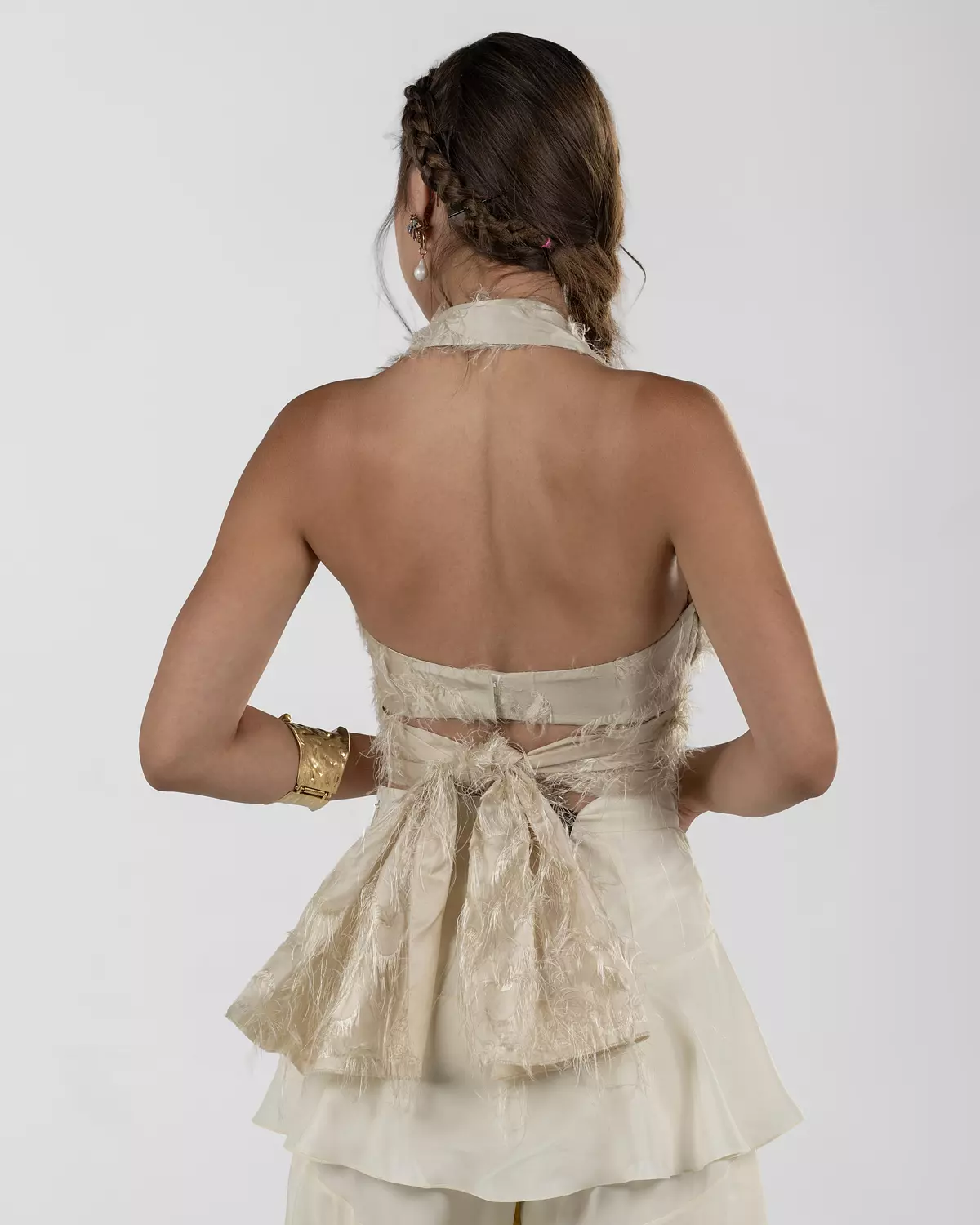 Chic Beige Silk Duchesse Top with Feathers hover image