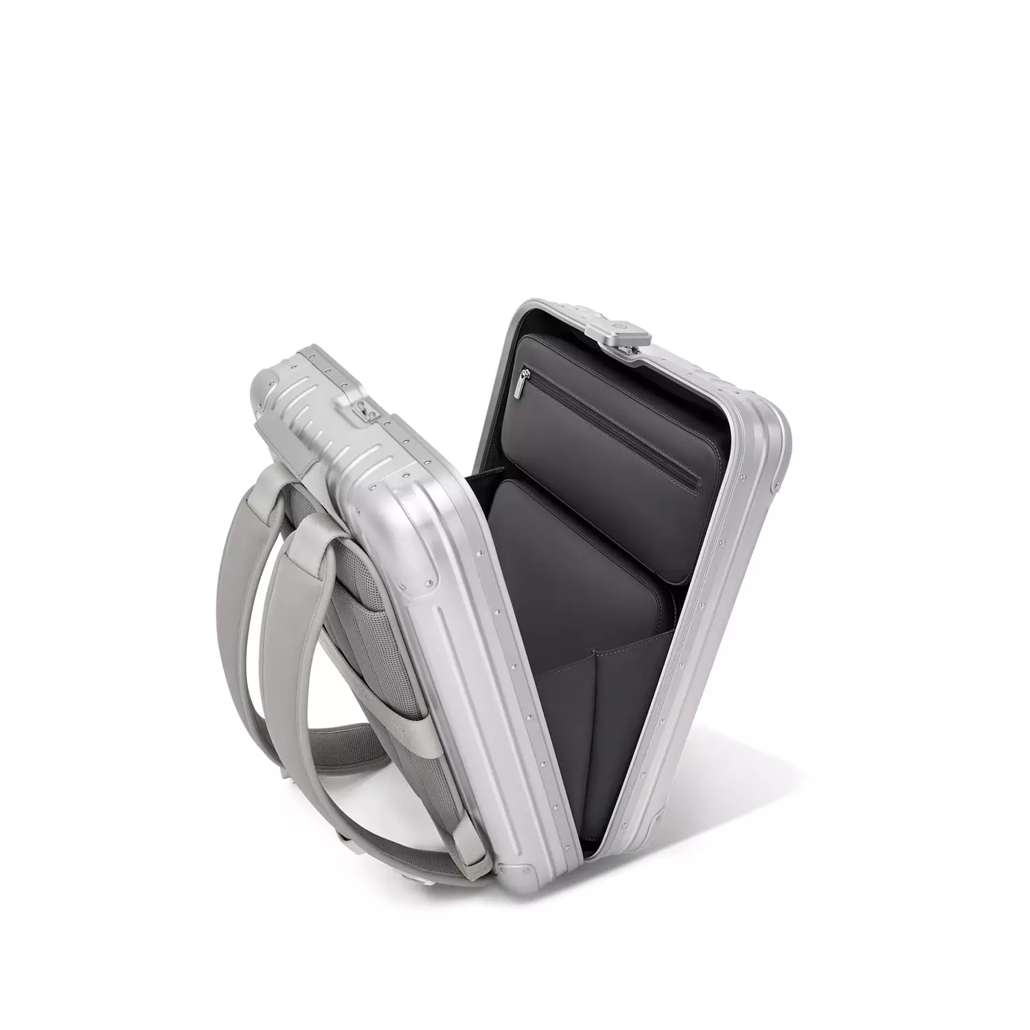 Rimowa Original Backpack is a sleek, silver hard-shell backpack 7