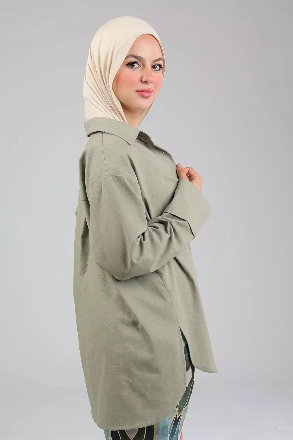 Olive Plain Linen Shirt image