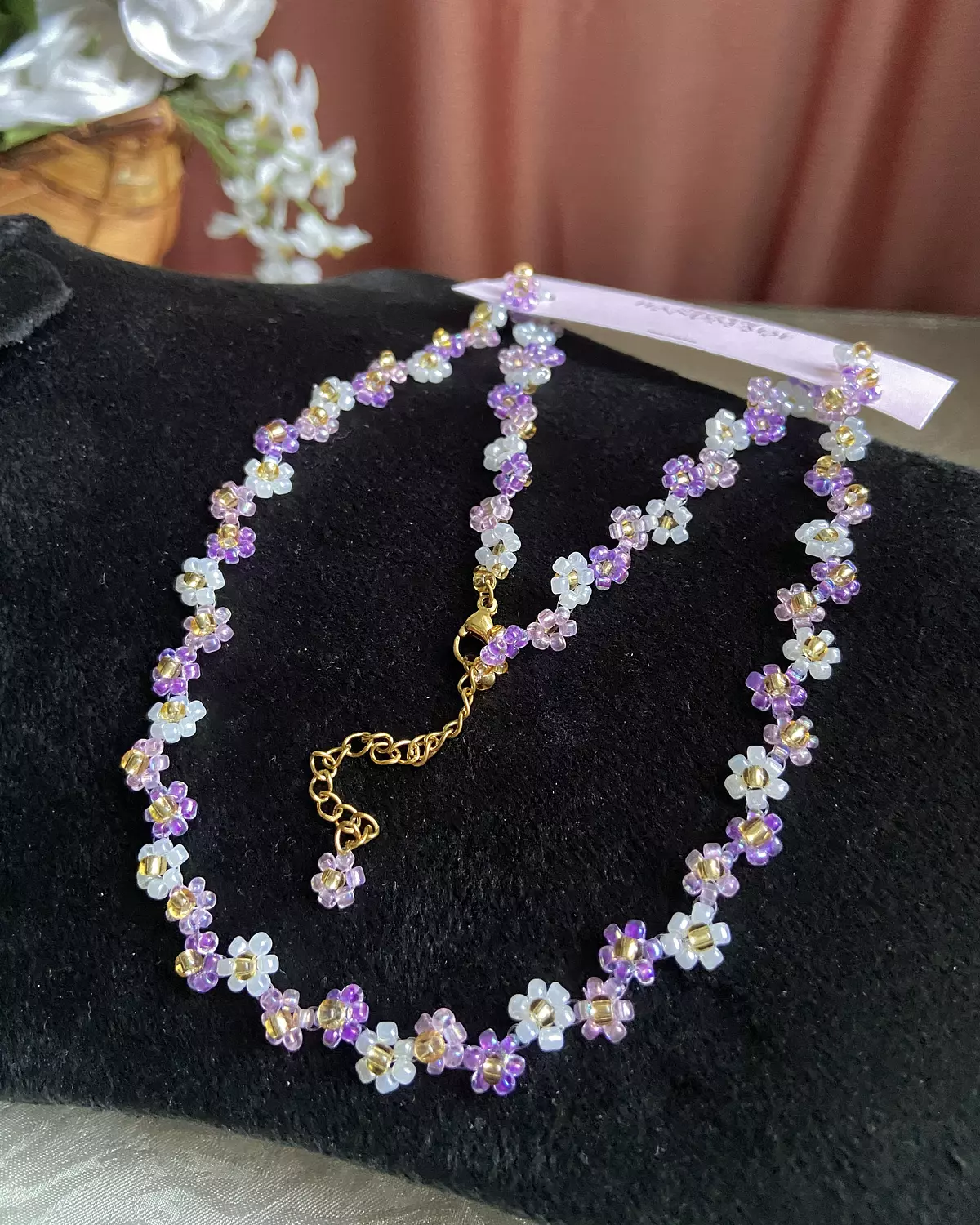 Purple shades with white flowers necklace  3
