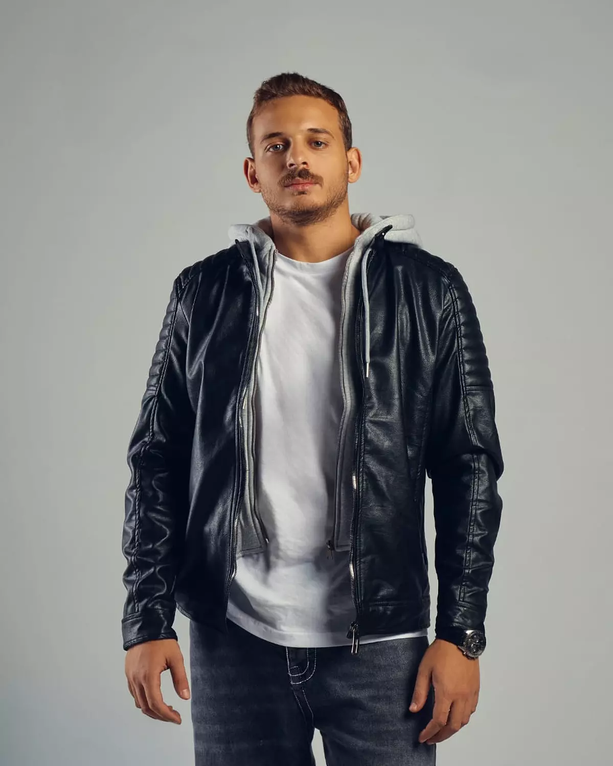 A|X Black leather jacket with external zipper hoodie grey image