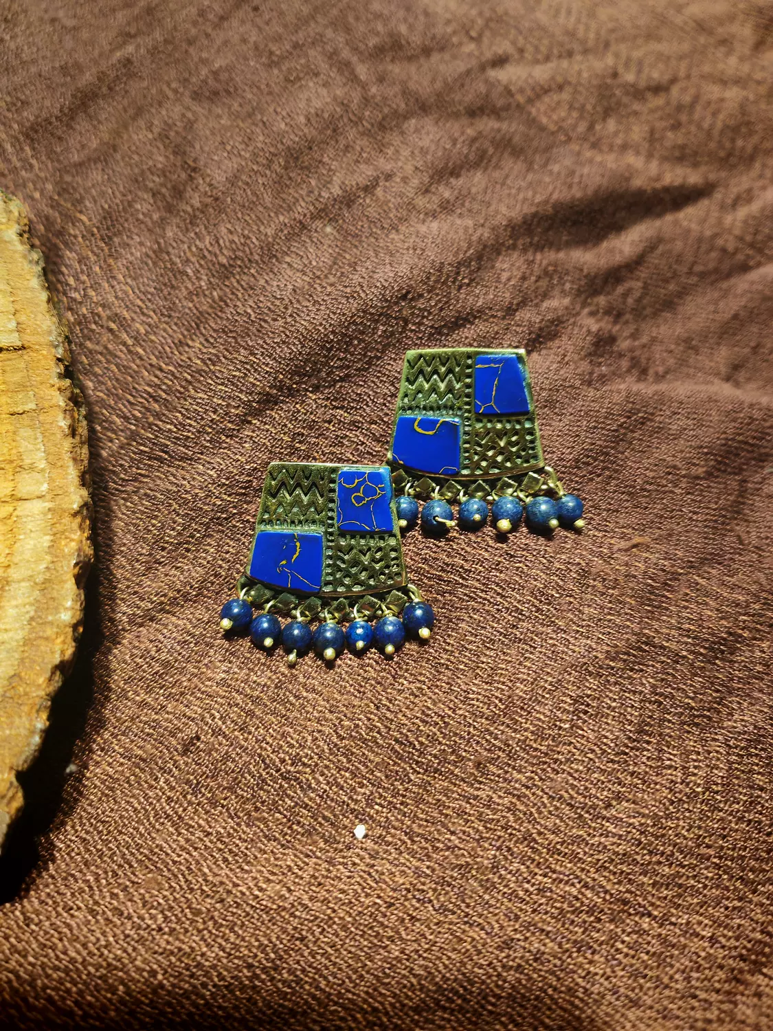 Brass earrings with blue stone 2