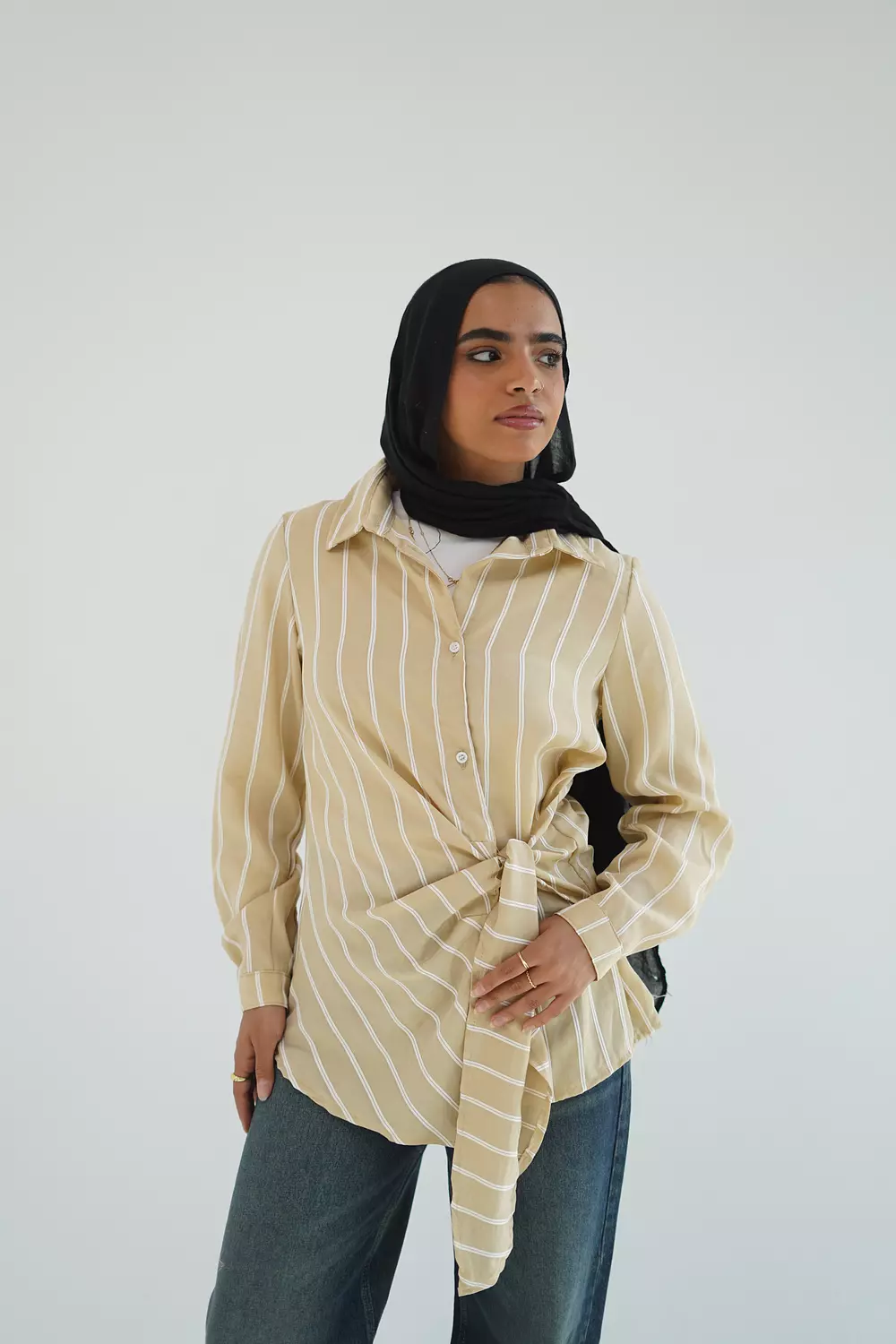 Beige long striped shirt with side tie  hover image