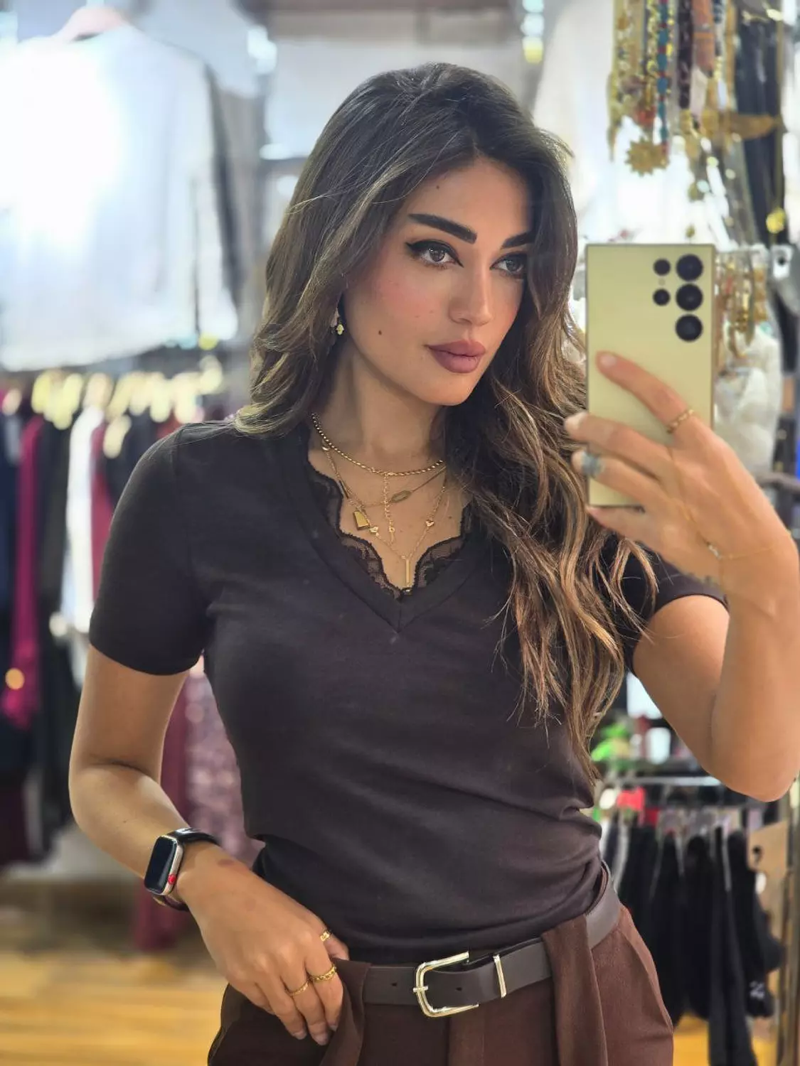 Brown V lace top image