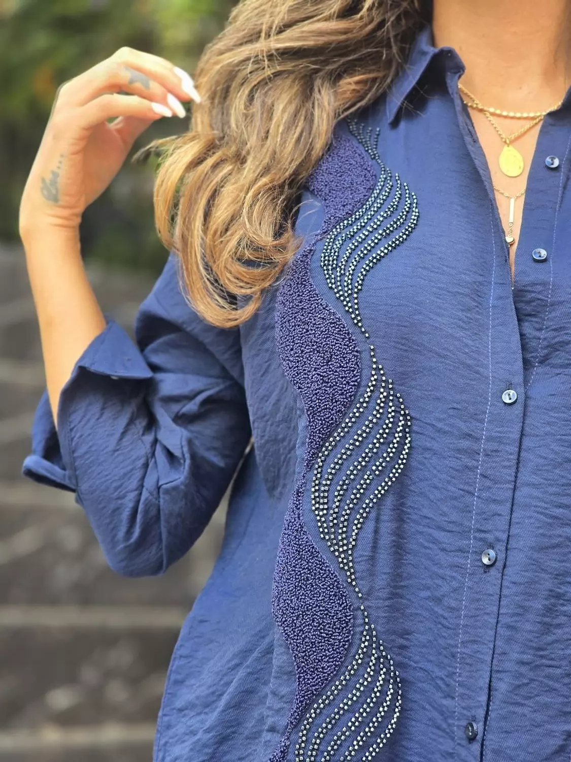 Navy blue embroidered linen shirt 3