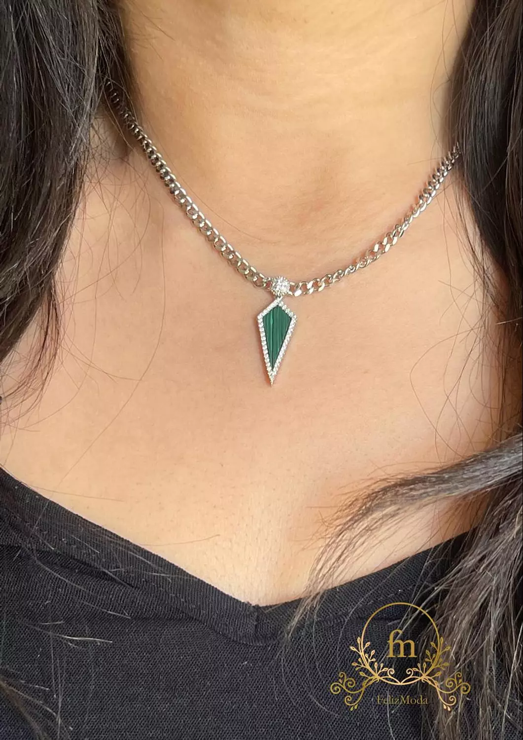 Oval green pendant braided silver necklace image
