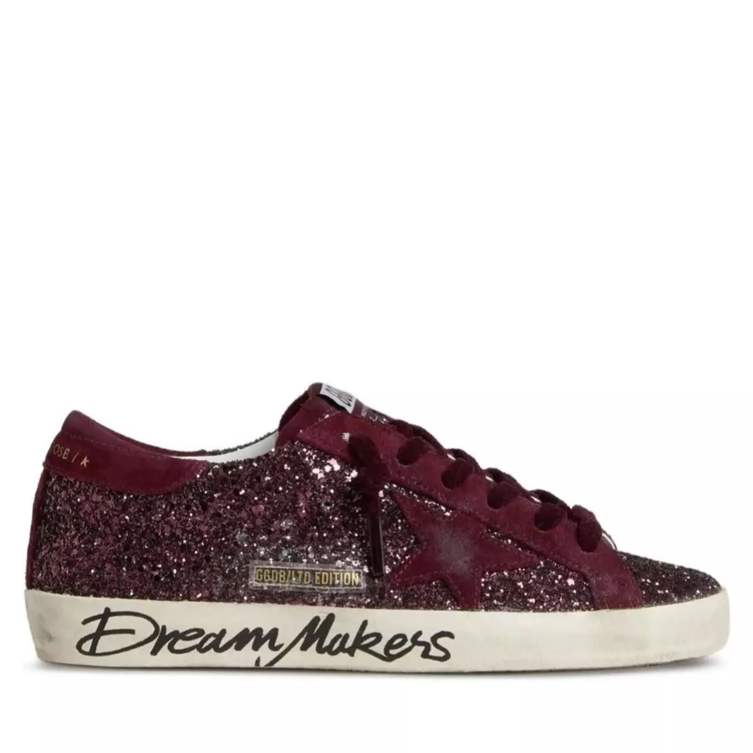 Golden Goose Super-Star low-top sneakers in burgundy glitter with suede star image