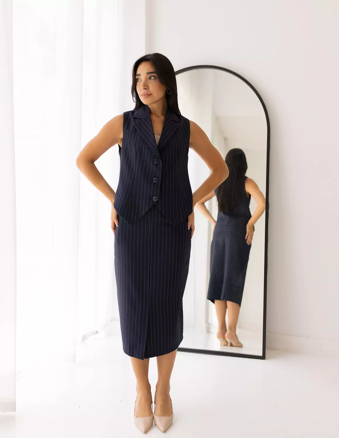 Striped Navy Midi Skirt  image
