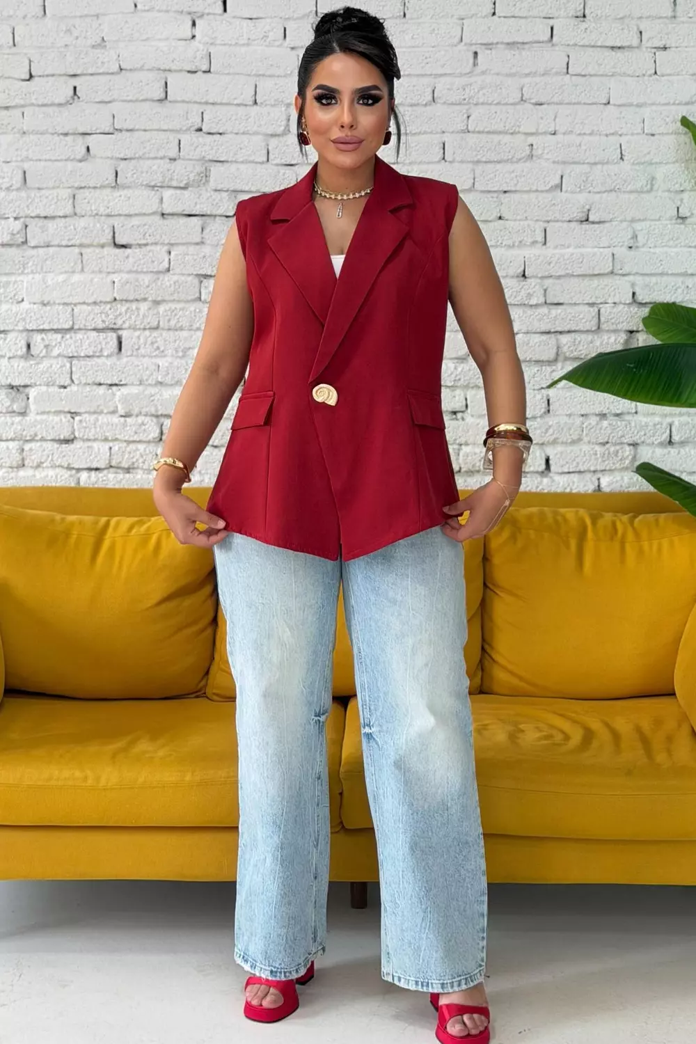 Turkish Crepe Blazer Vest with Shell Gold Button 10