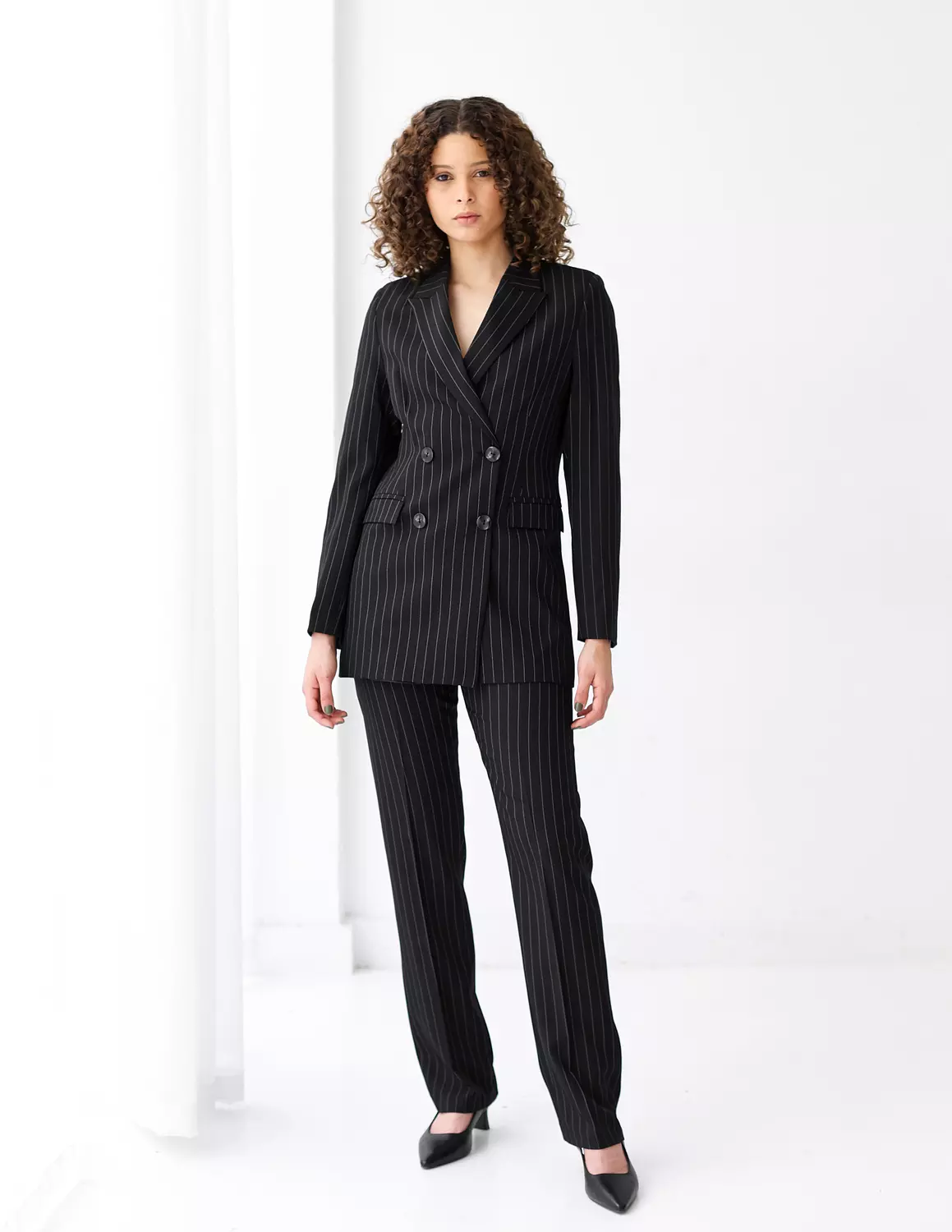 Striped Black double breasted Long blazer image
