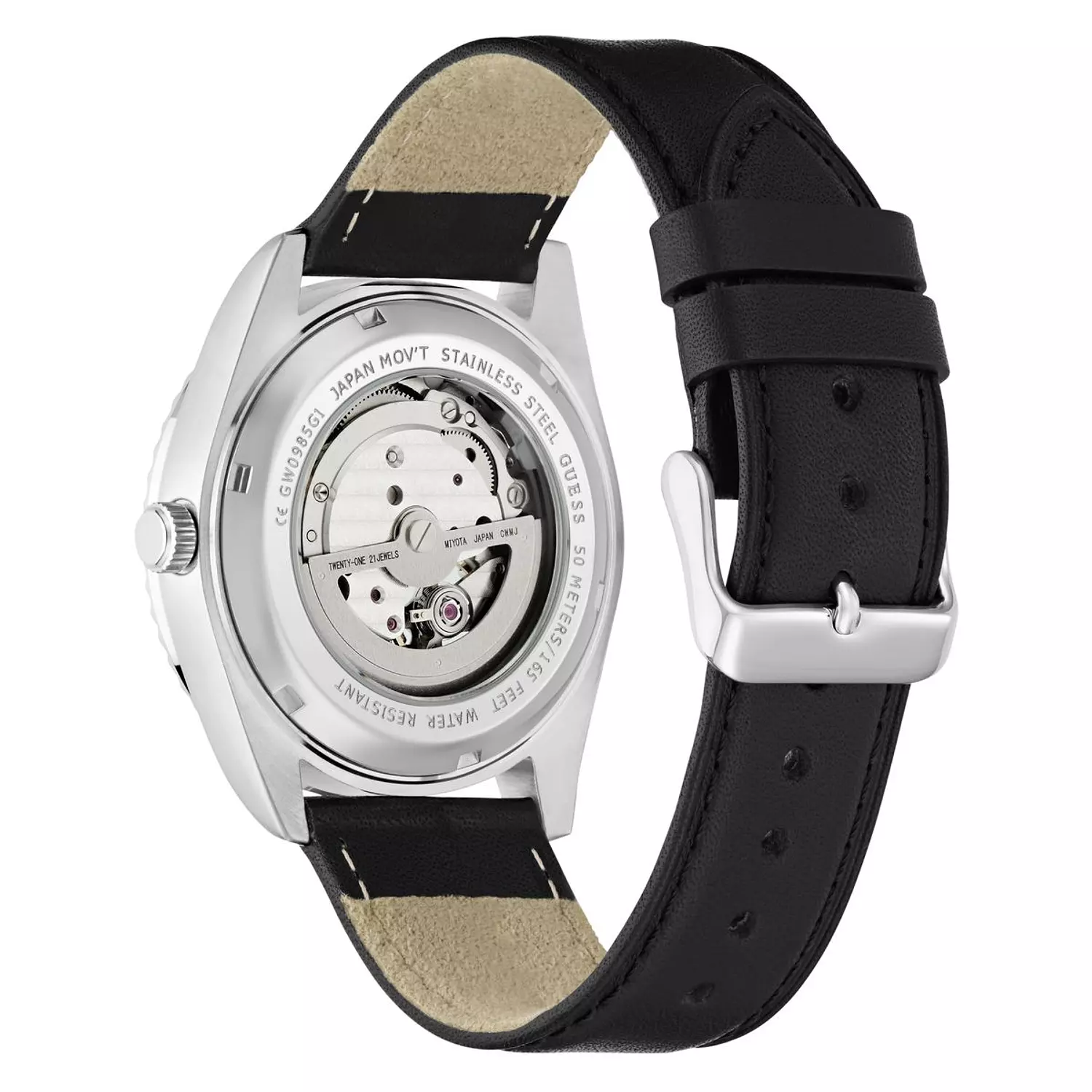 GUESS CONNOISSEUR Mens Black Silver Tone Automatic Watch Black Genuine Leather Brushed/Polished Strap 4