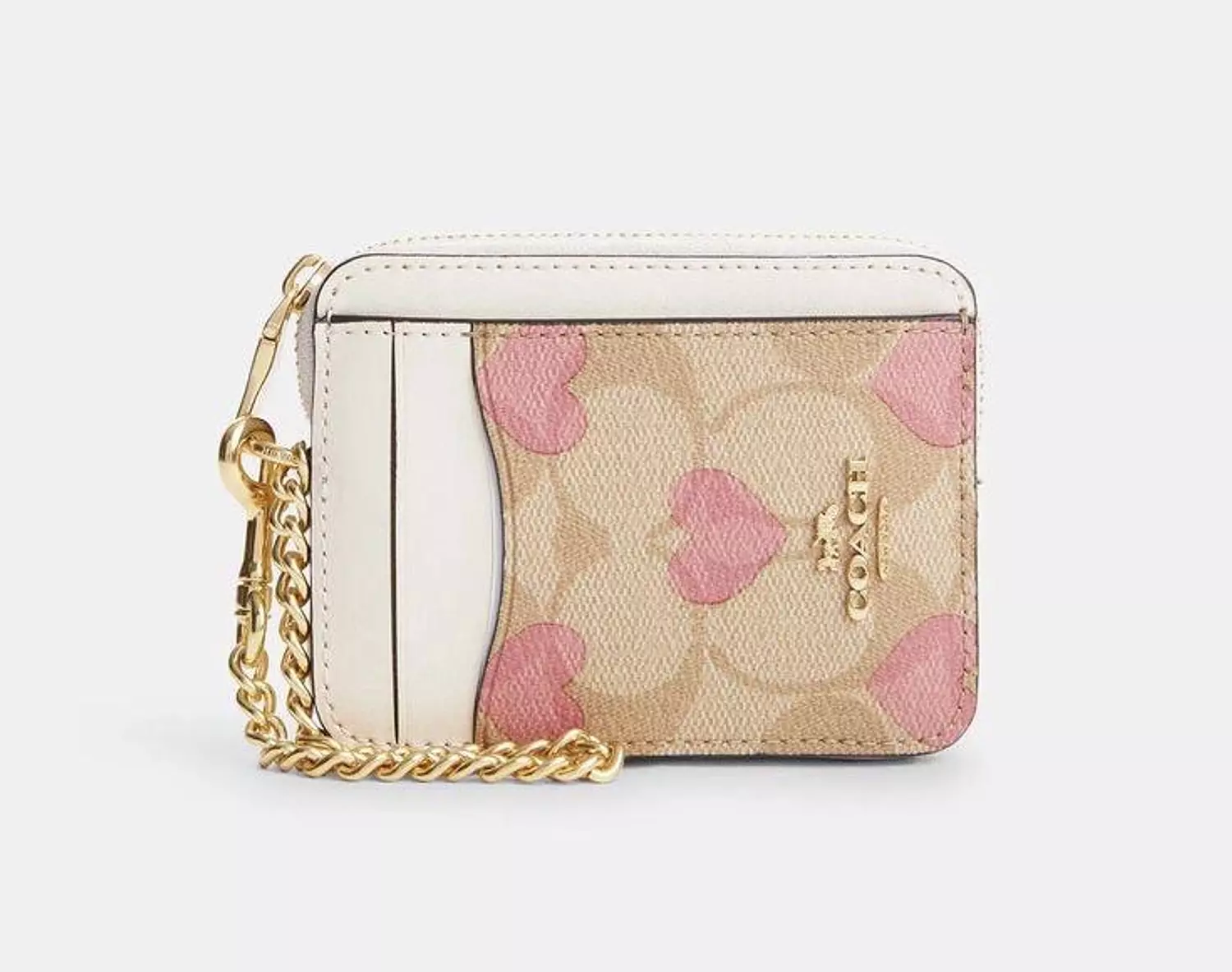Coach Khaki Pink Heart Print Zip Card Case. image