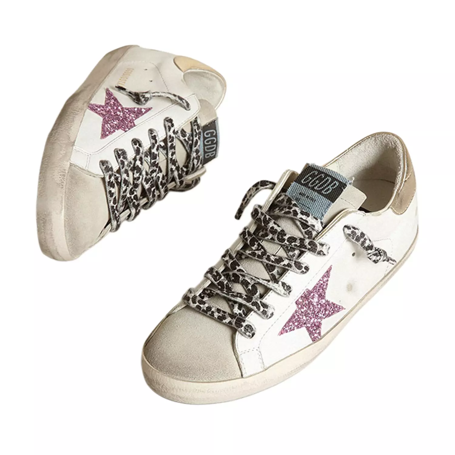 Golden Goose Super-Star Leather Sneakers with Pink Glitter Star hover image