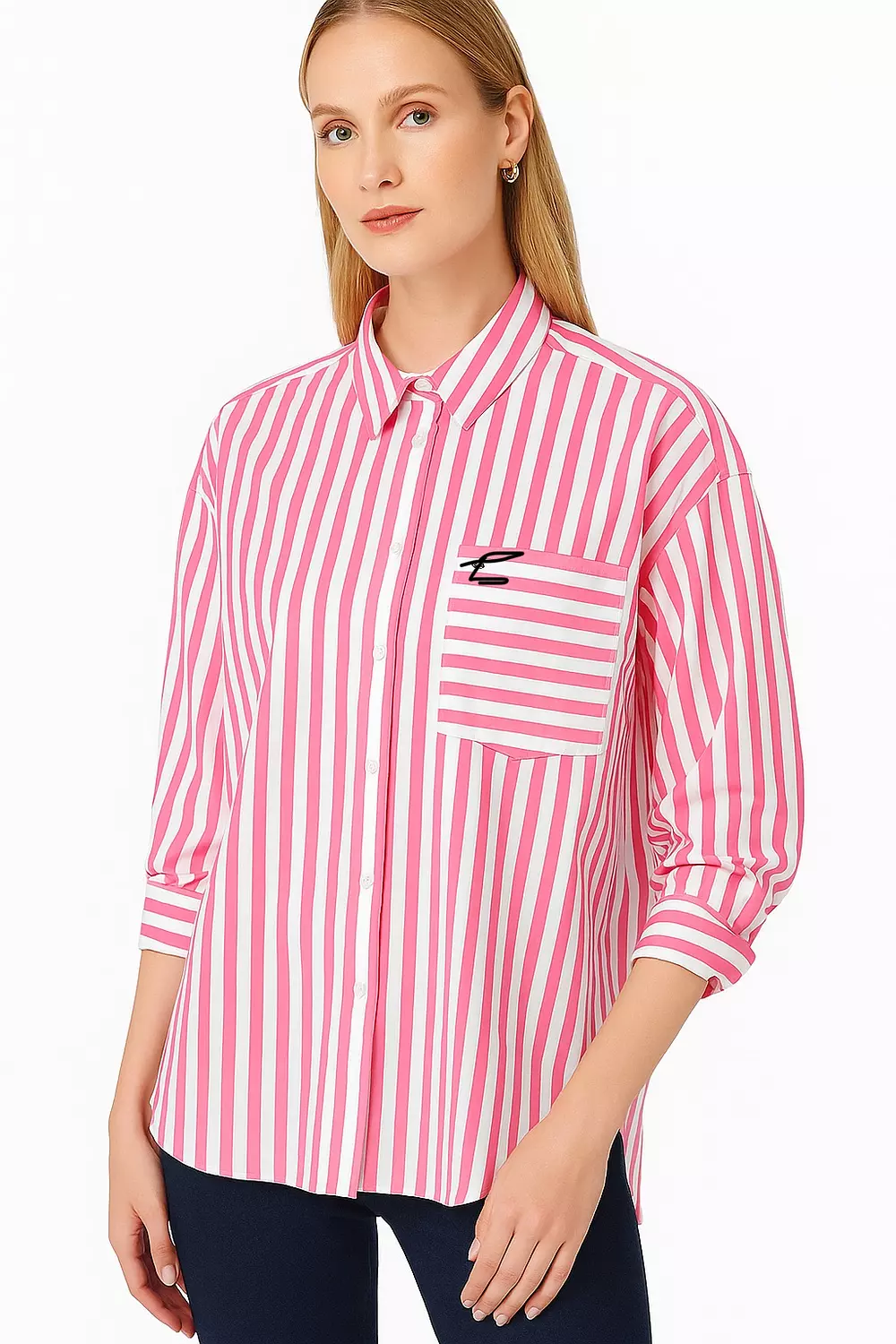 :  ⸻  Tommy Hilfiger Women’s Striped Oversized Shirt – Pink/White 3