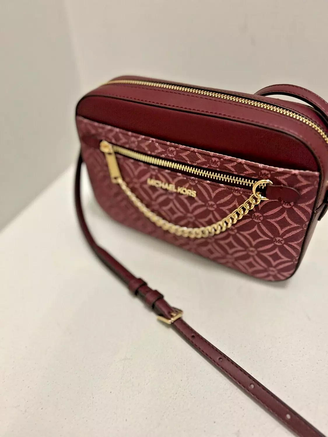 Michael Kors Jet Set Camera Bag – Burgundy with Chain Detail hover image