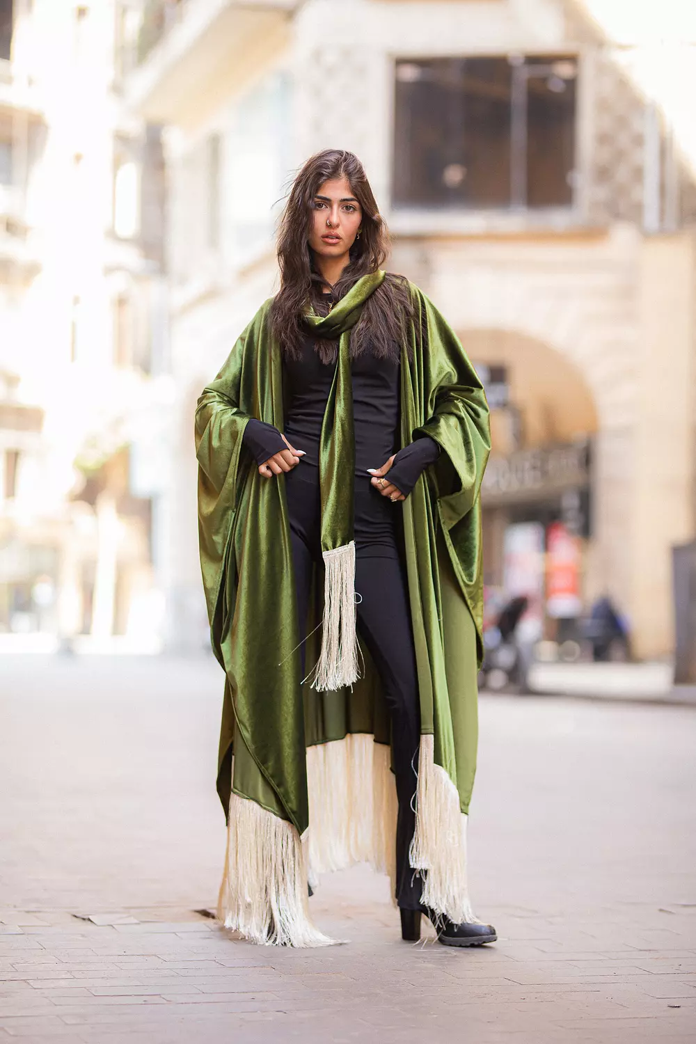 Green velvet scarf keftan image