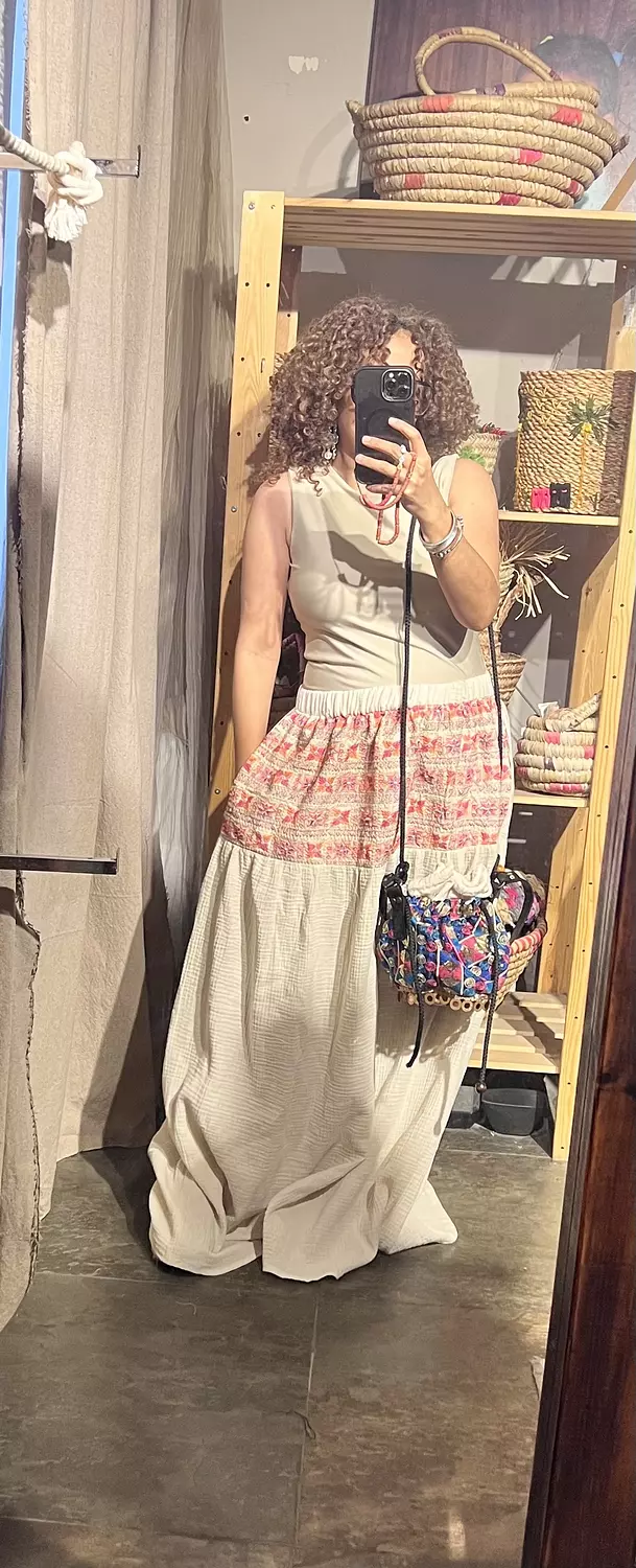 Maxi cotton linen off white skirt with sirma embroidered upper part image