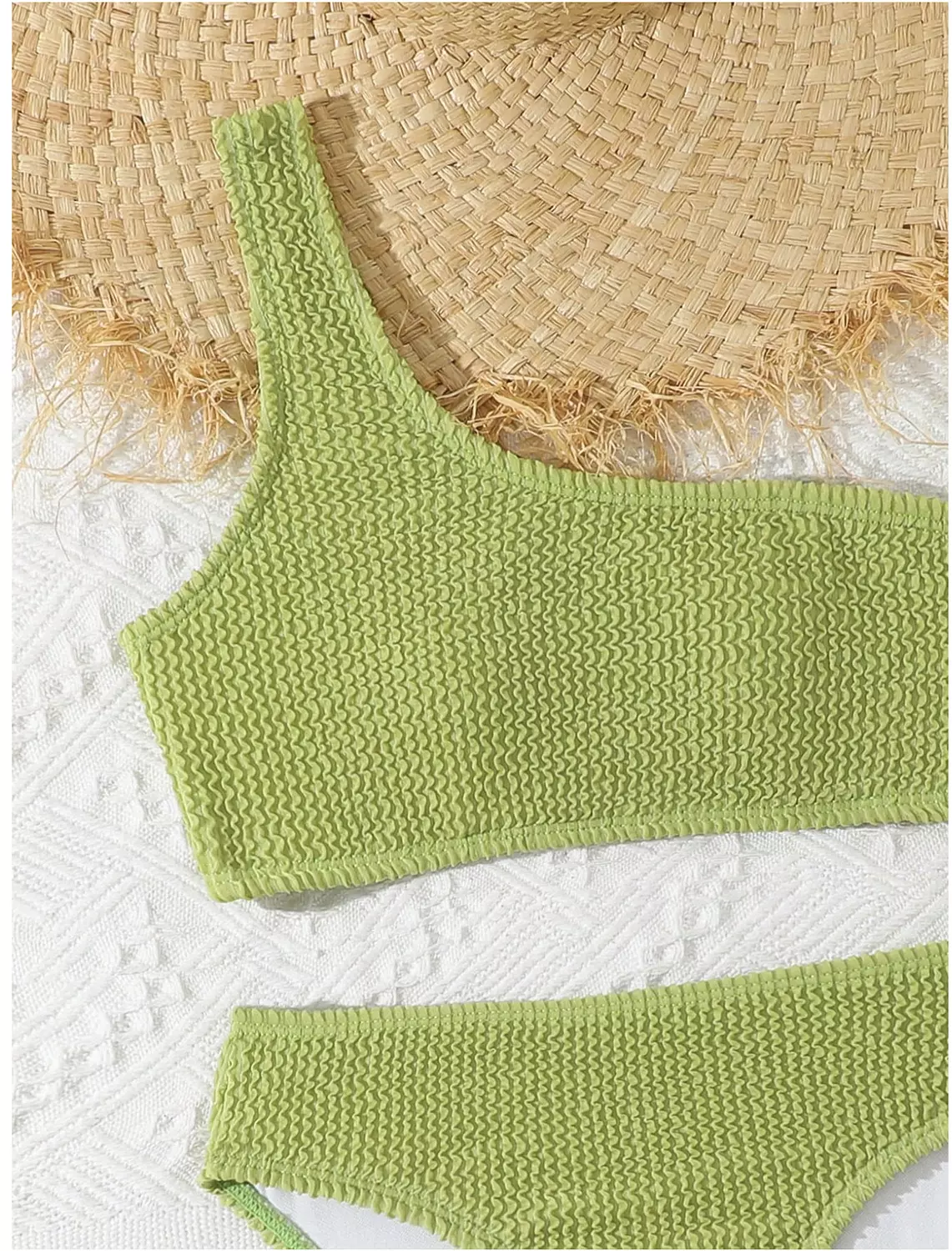 Tween Girl Solid Color One-Shoulder Bikini Set, Summer Beach hover image