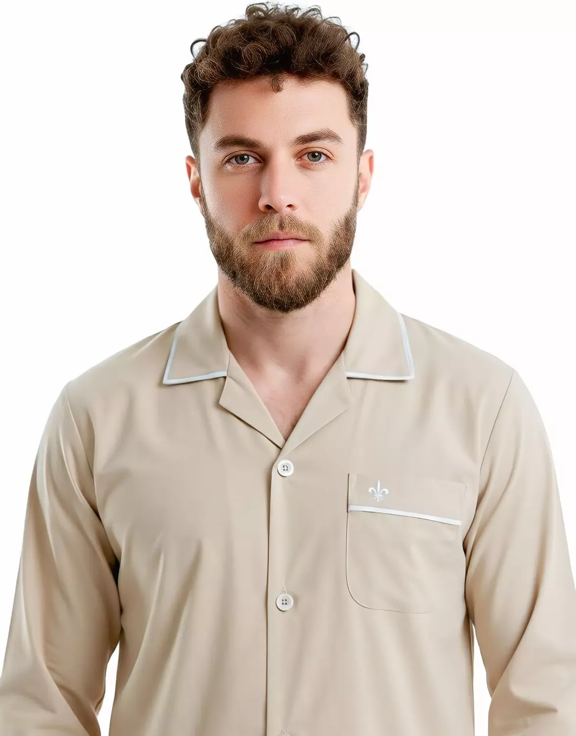 Men's Classic Long Sleeve Pajamas Set - 2454 - Beige hover image