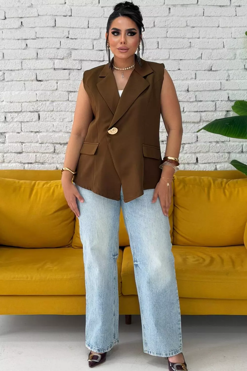 Turkish Crepe Blazer Vest with Shell Gold Button 4