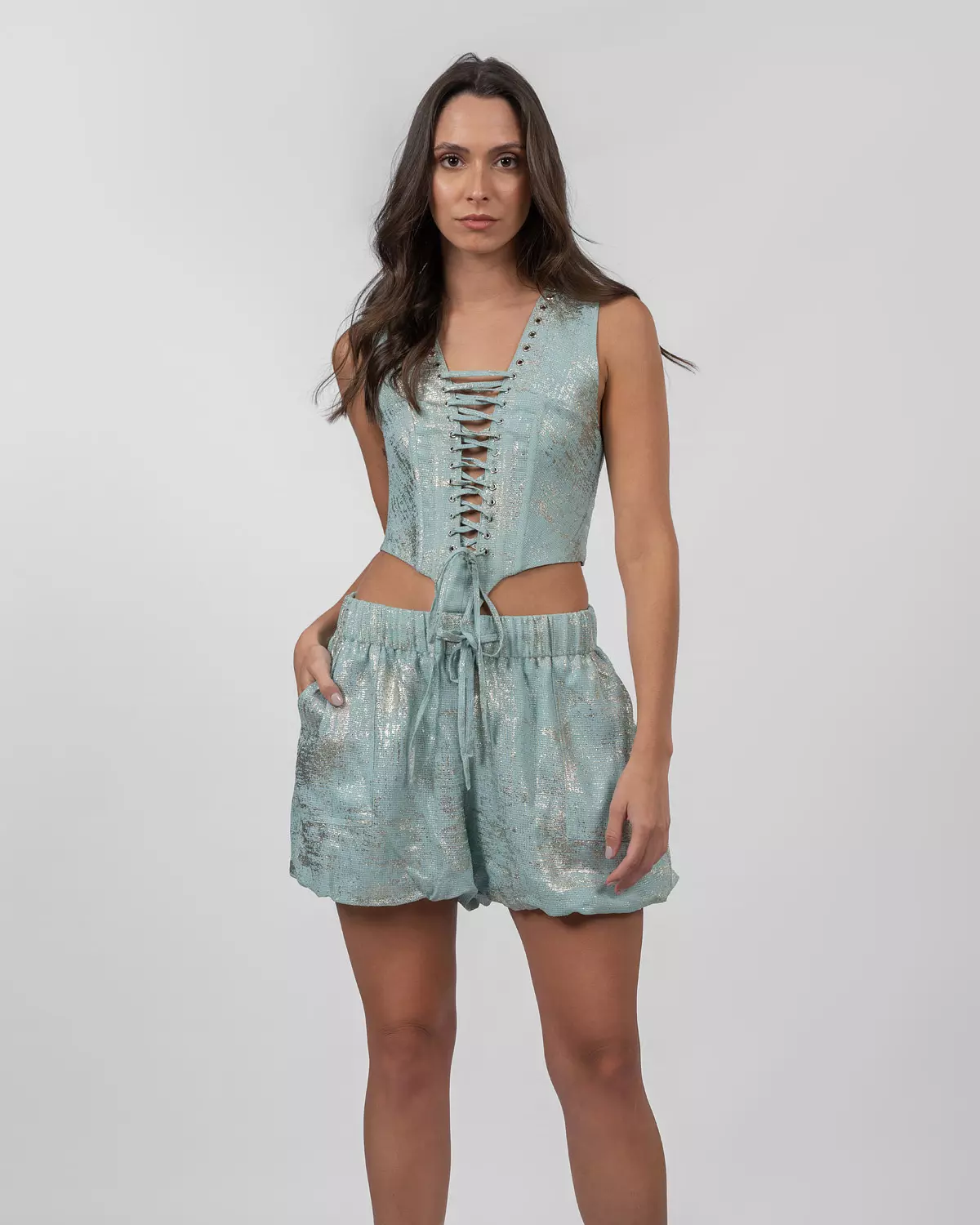 Shimmery Pastel Blue Cut-Out Romper  image