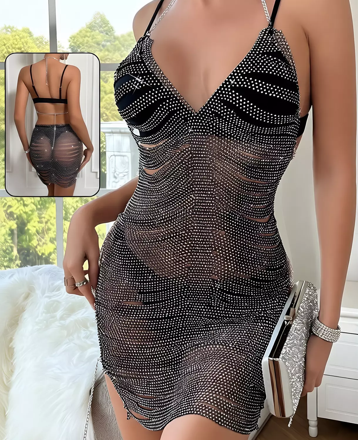 Rhinestone Fishnet Lingerie Dress 2