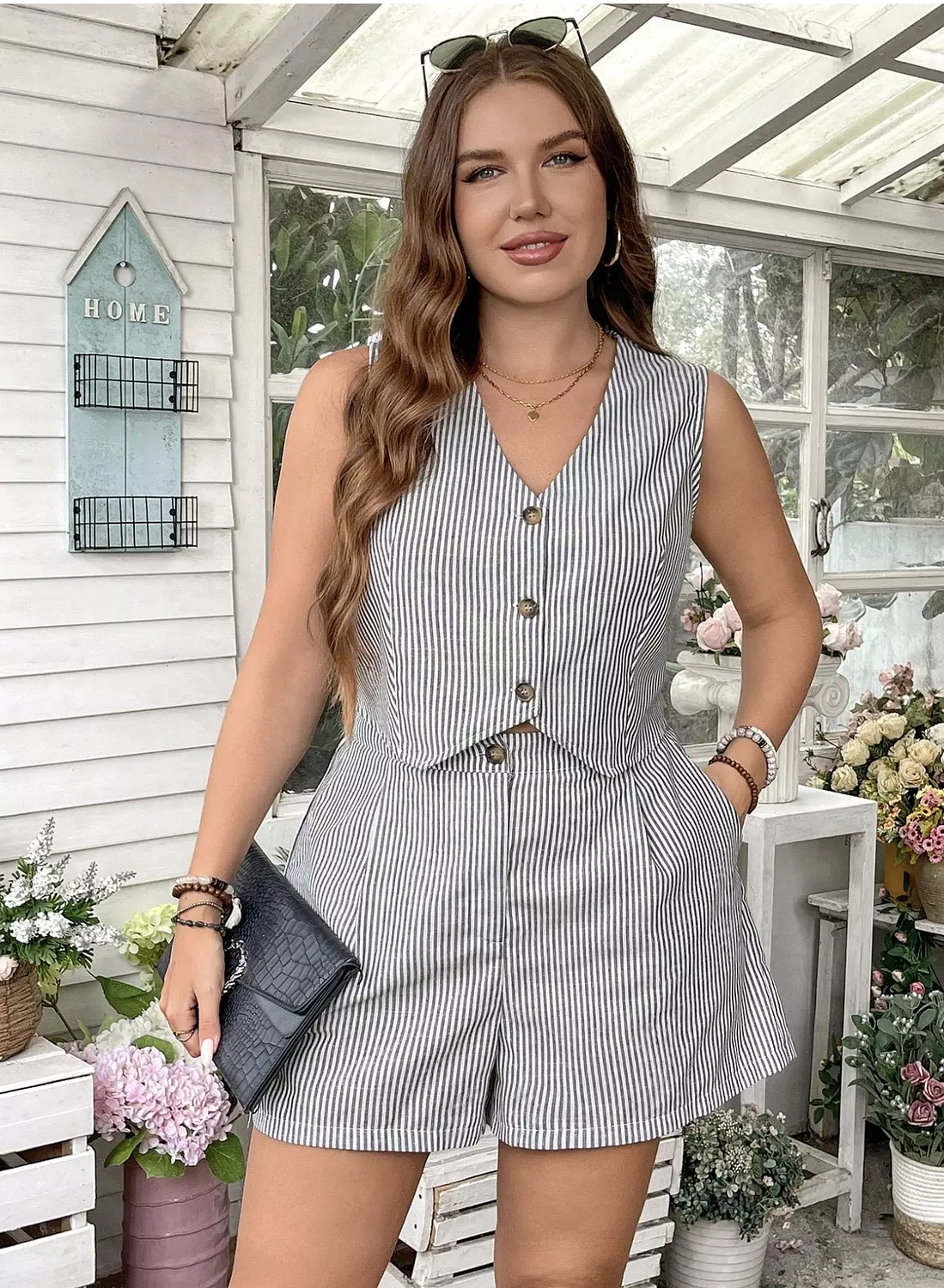 SHEIN Stripe Front Buttoned Women Two Pieces  Set   2