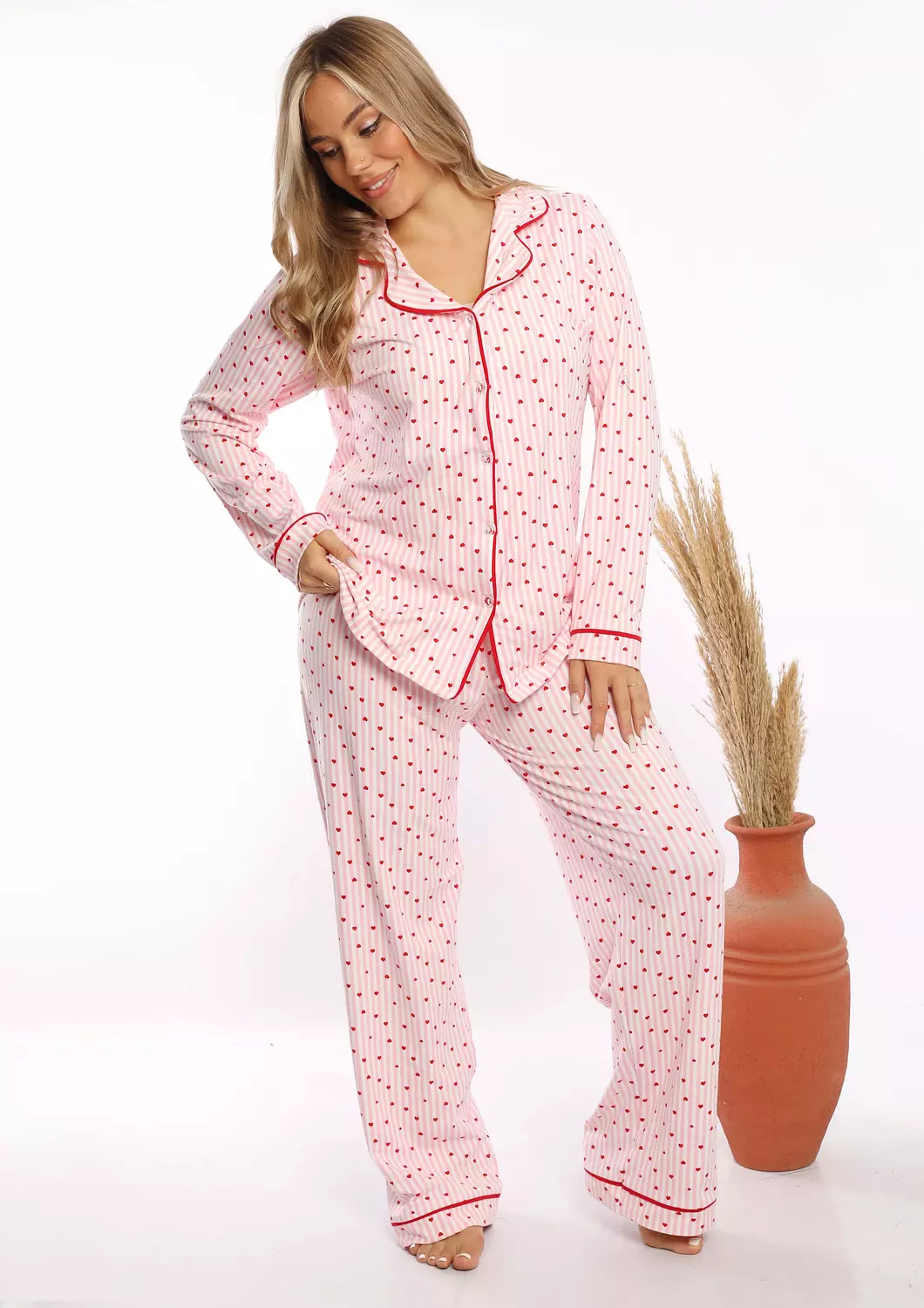 C334 PINK HEARTS LONG SLEEVES BUTTONED PAJAMA SET 1