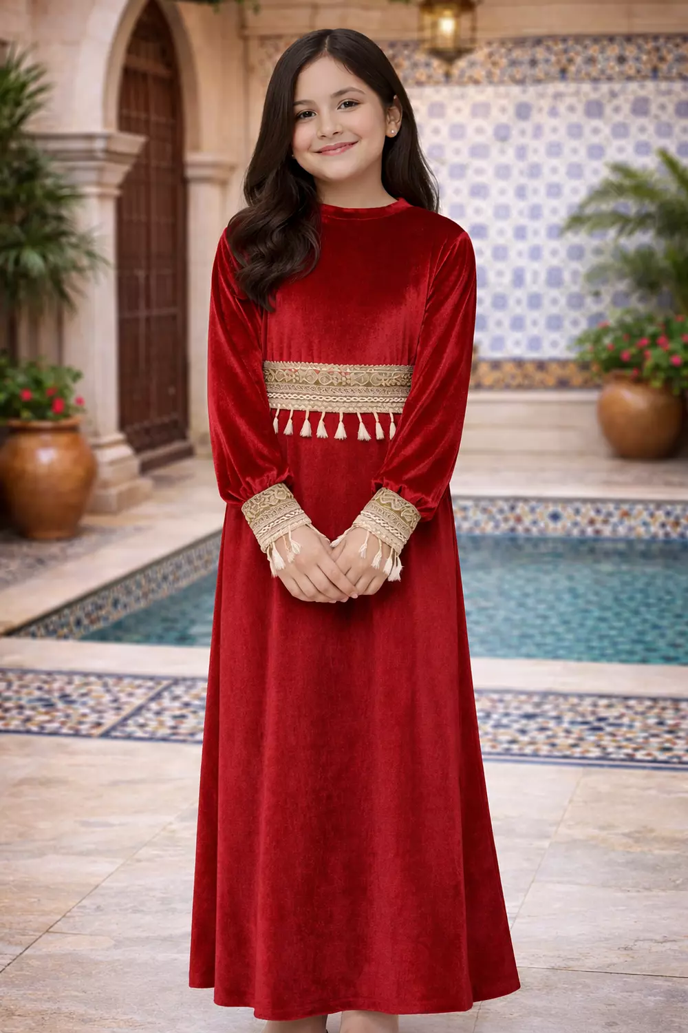 Girls Velvet Ramadan Dress with Separate Tassel Trim, Long Sleeve Islamic Abaya, Traditional Modest Maxi Dress for Kids 7