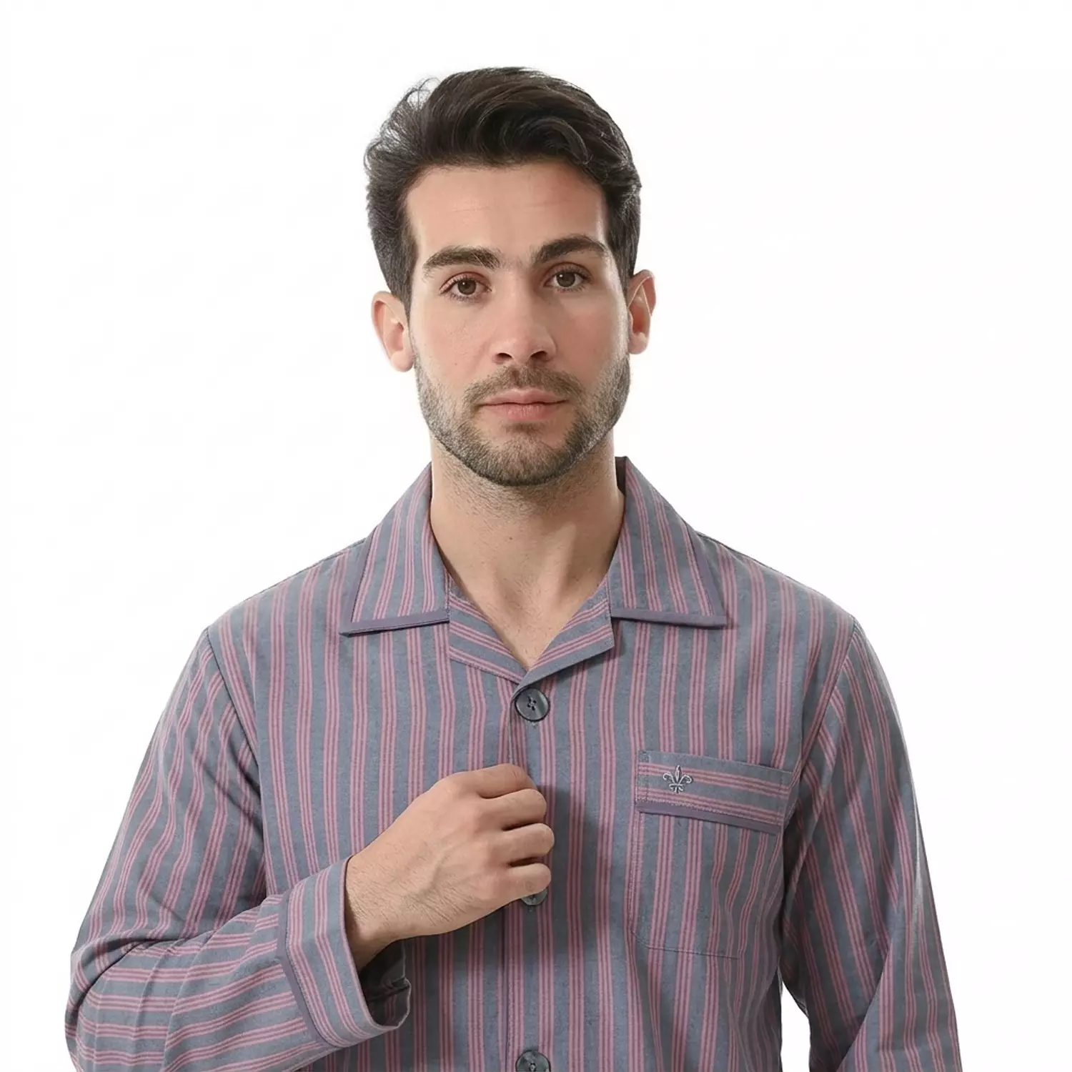 بيجاما رجالي مقلم كم طويل - 2393- مخطط باللون رمادي *احمر hover image