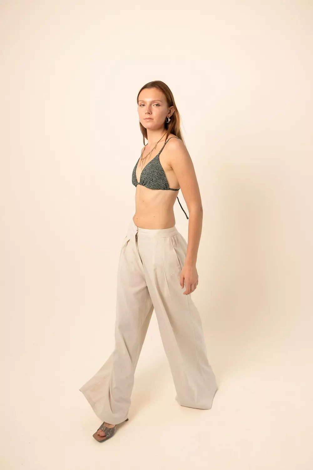 Linen Blend Darted Trousers - beige image