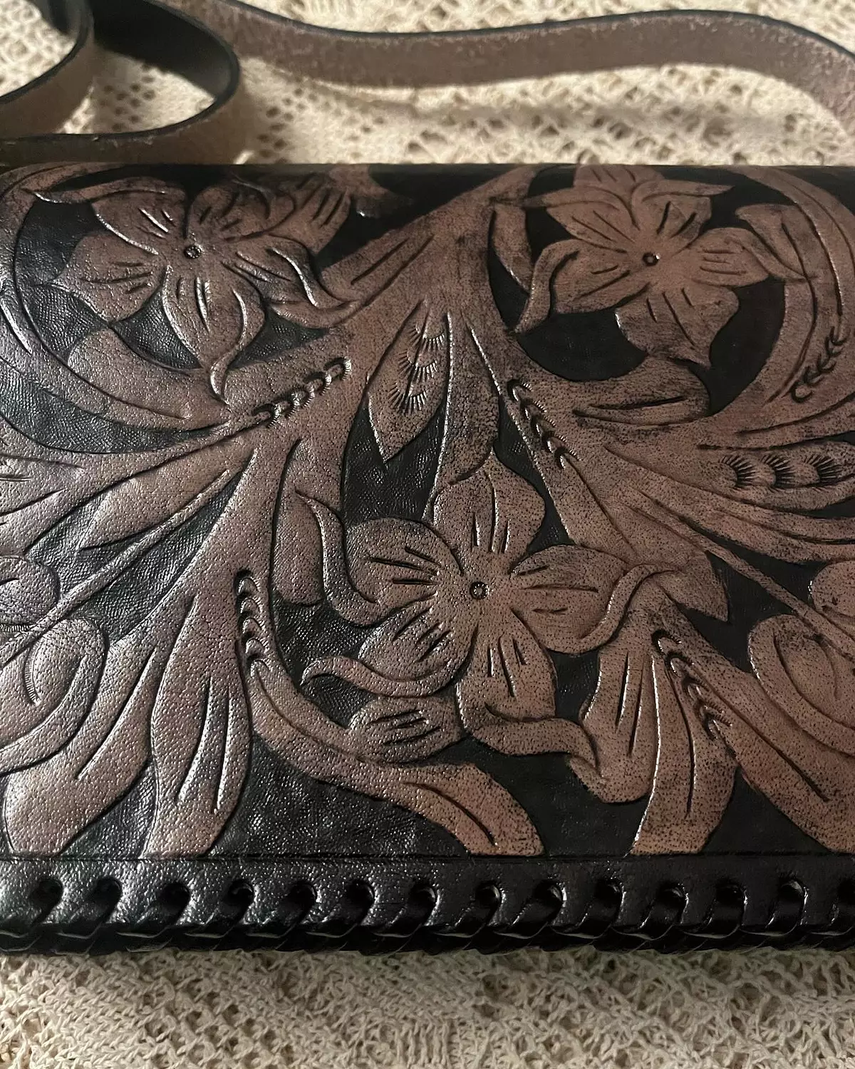 Tooled floral rectangular flap leather bag 12