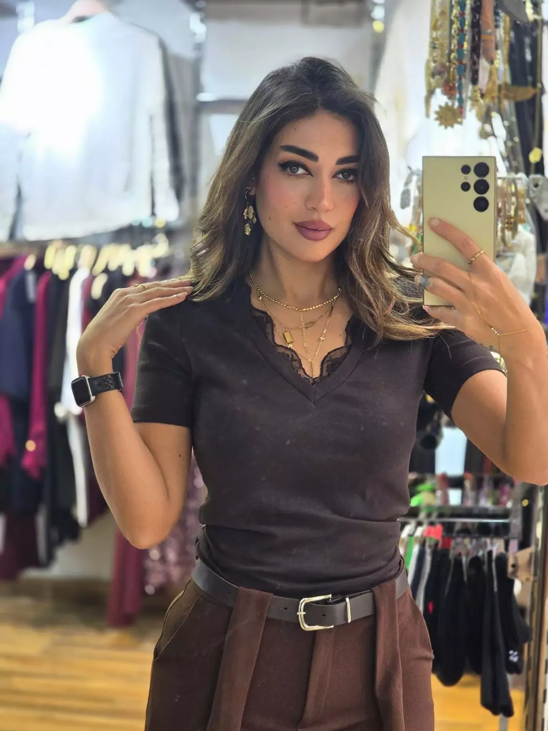 Brown V lace top hover image