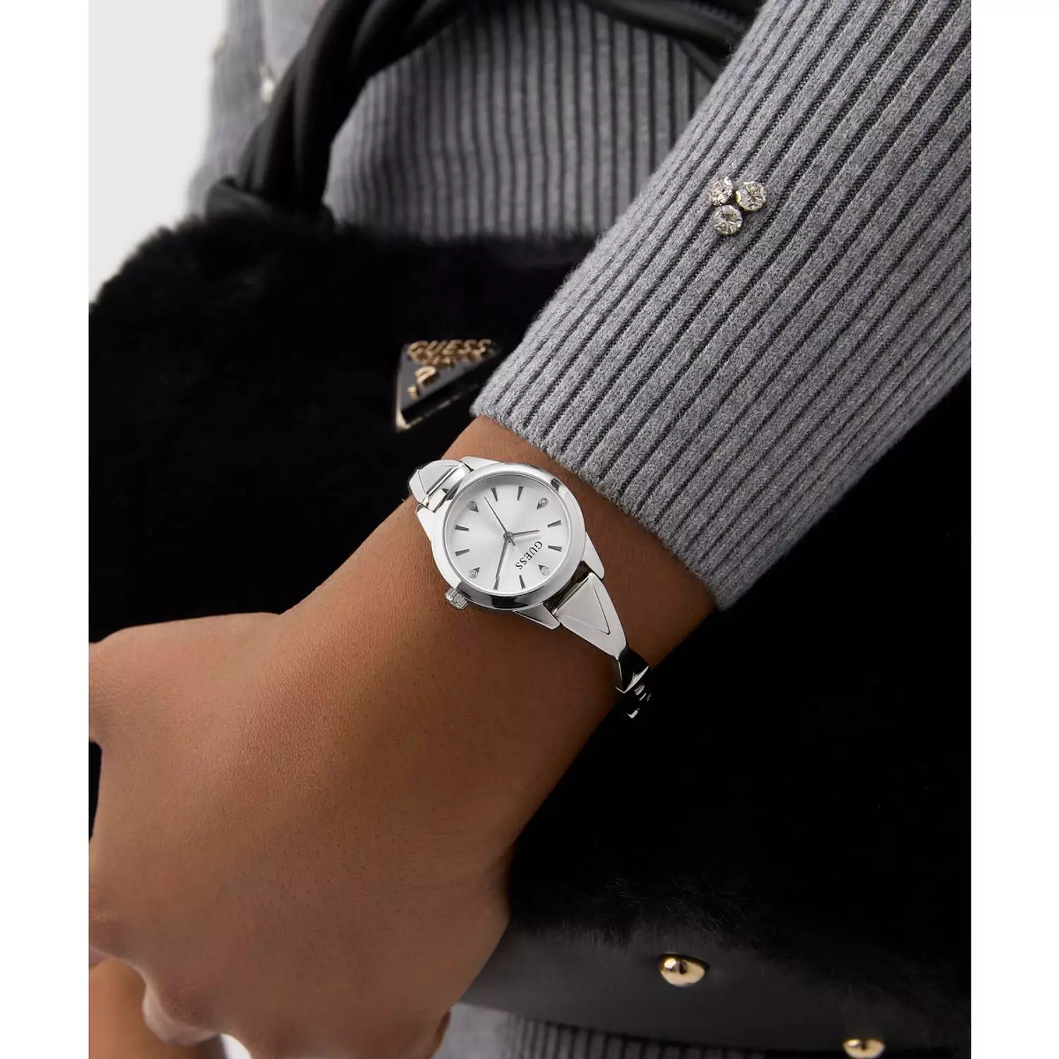 GUESS Ladies Silver Tone Analog Watch Silver Tone Recycled Steel & Genuine Leather Bracelet GW0951L1 3