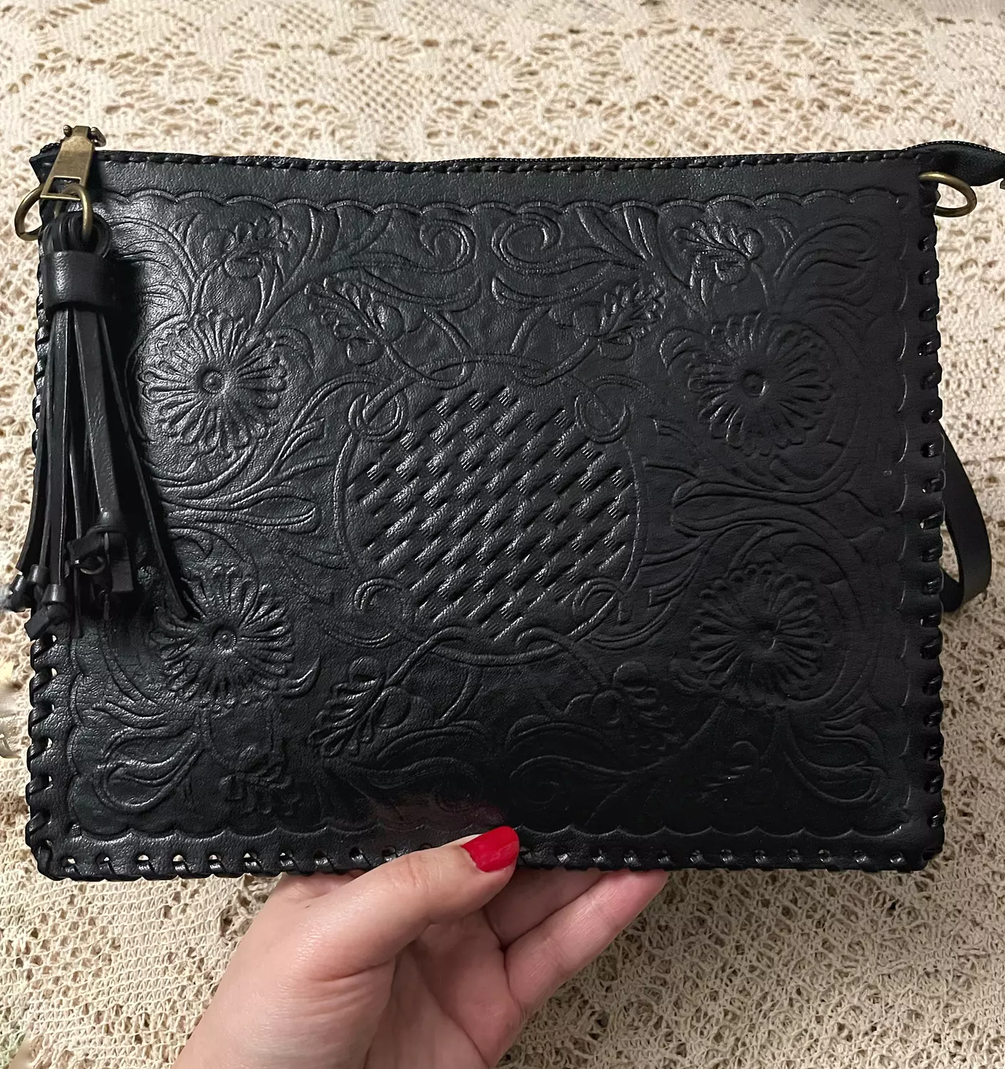 Floral basket tooled leather clutch 4