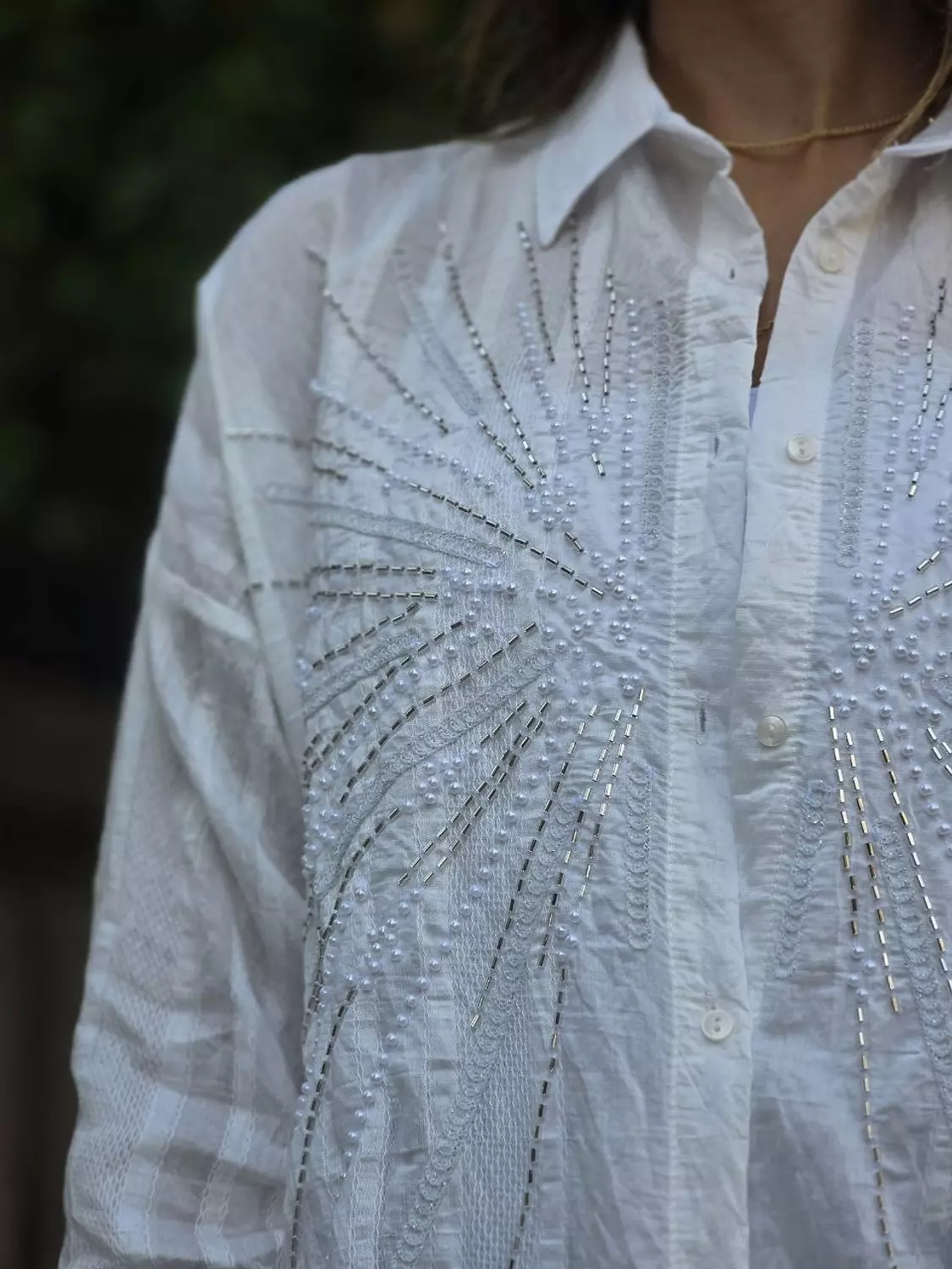 White pearl embroidered linen shirt image