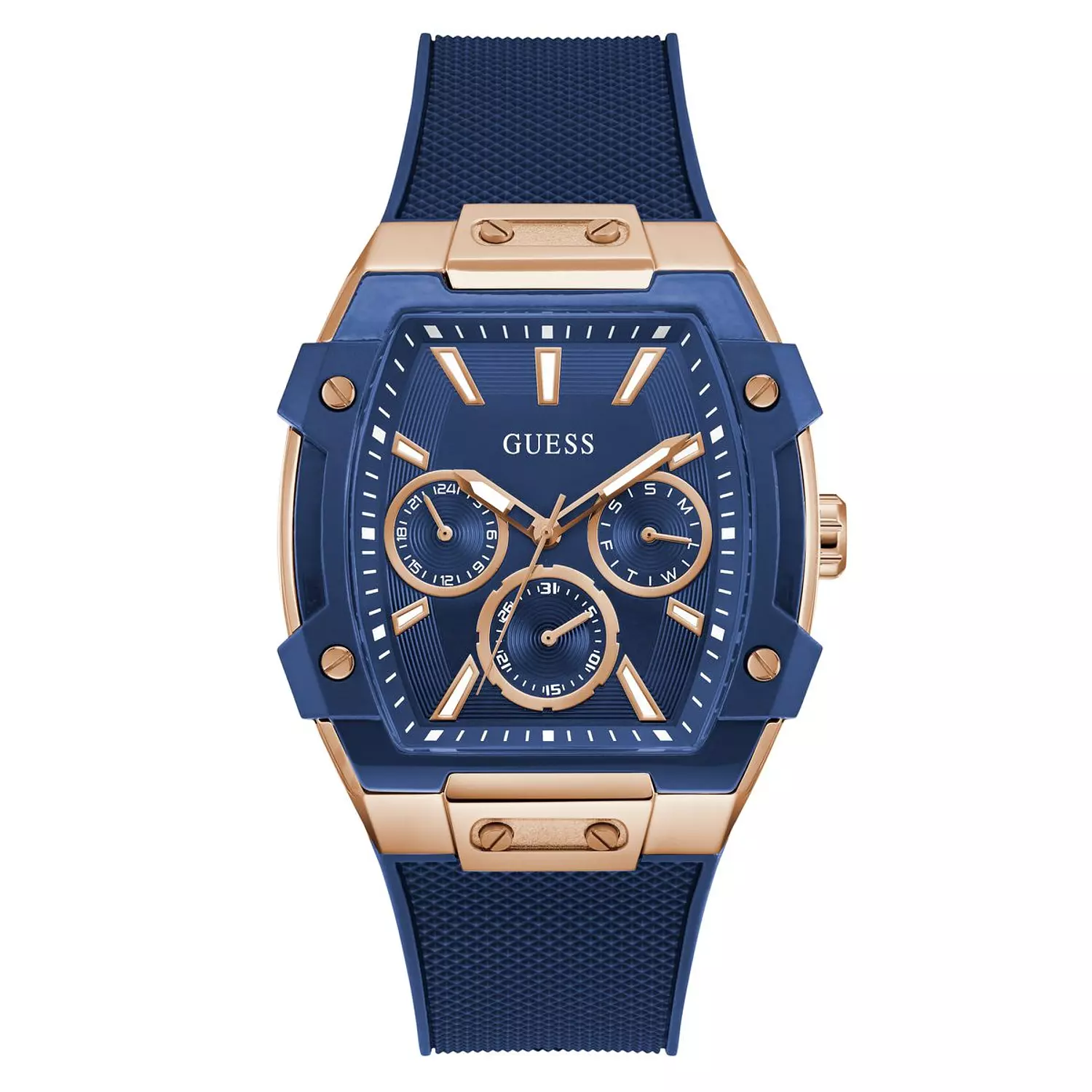 GUESS Mens Blue Rose Gold Tone Multi-function Watch Blue Silicone Strap GW0956G4 image