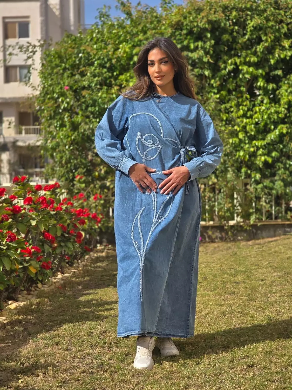 Floral denim dress with side tie hover image