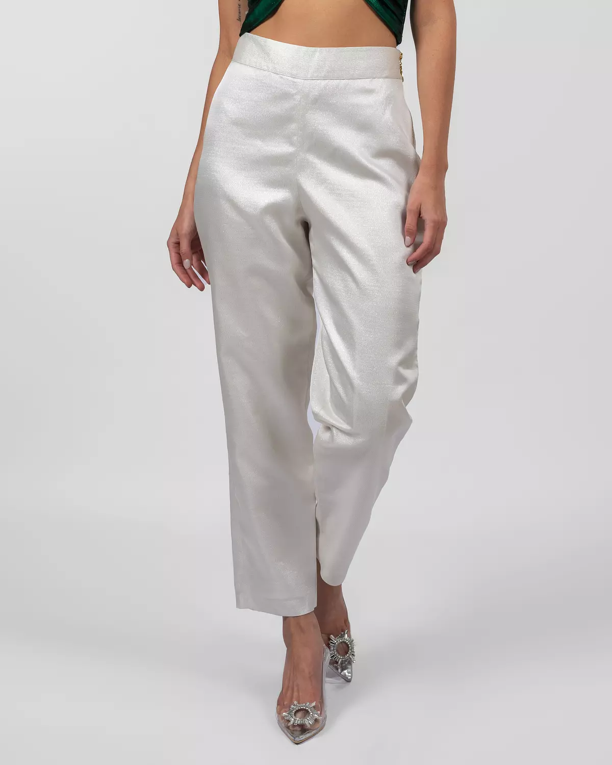 Shimmery white silk brocade trousers  2