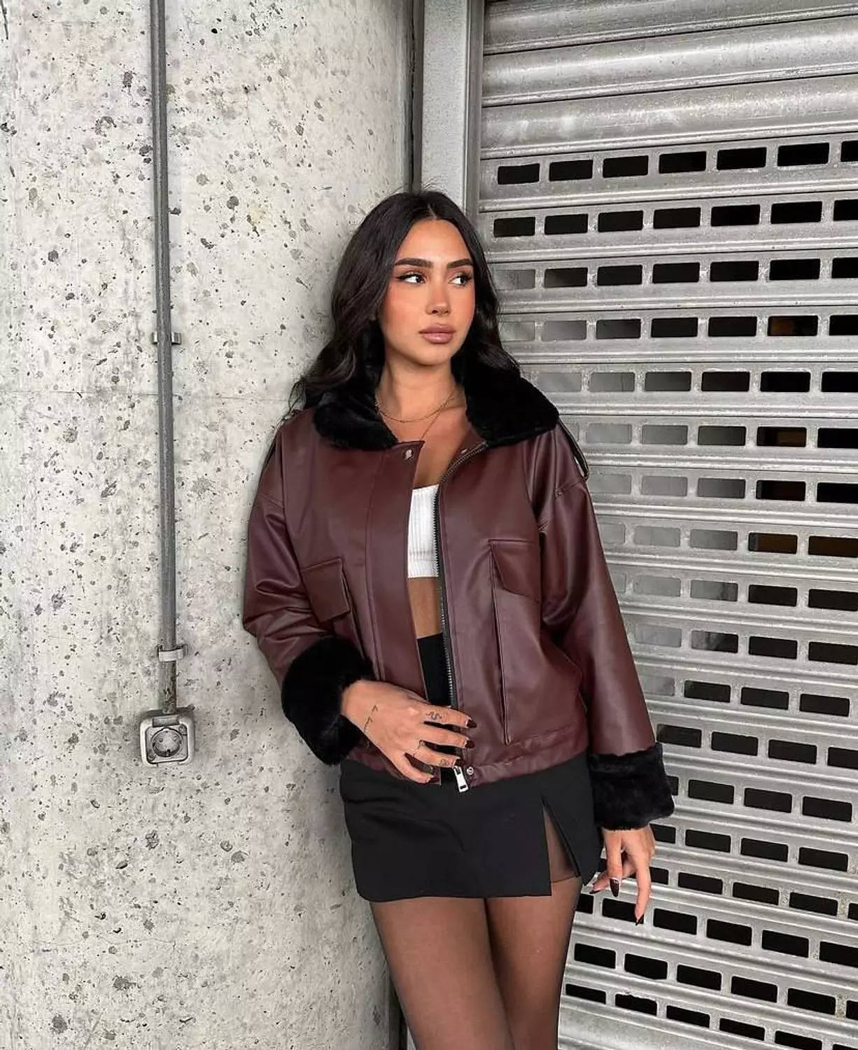 Leather Jacket with Fur Sleeves image