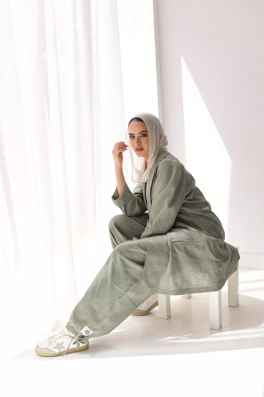 Linen wrapped pants in dust-olive hover image