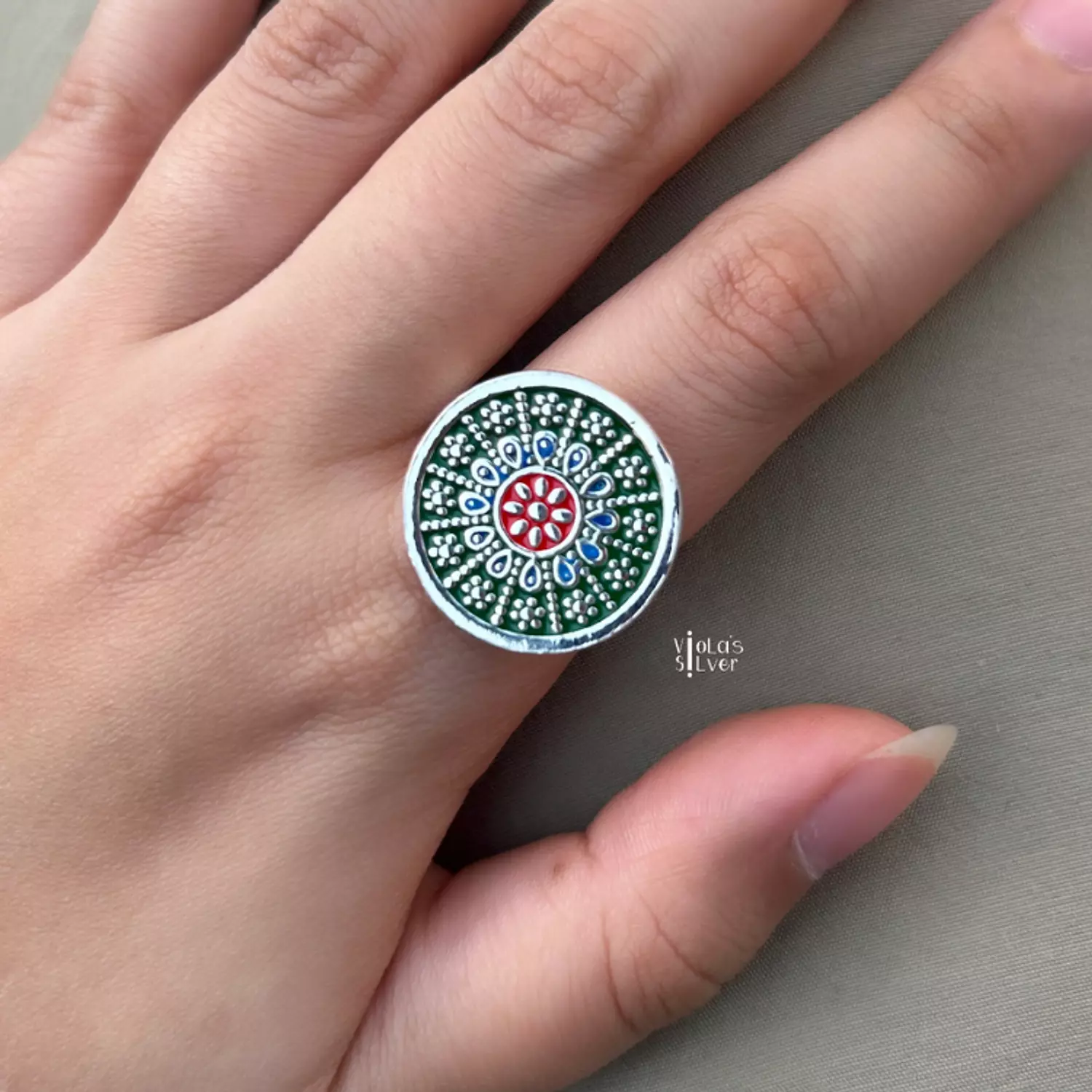 Green bobo silver ring image