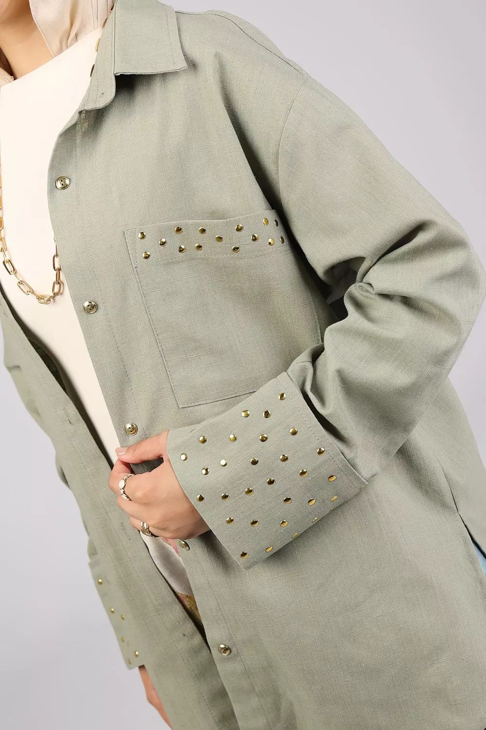 Olive studded linen shirt 8