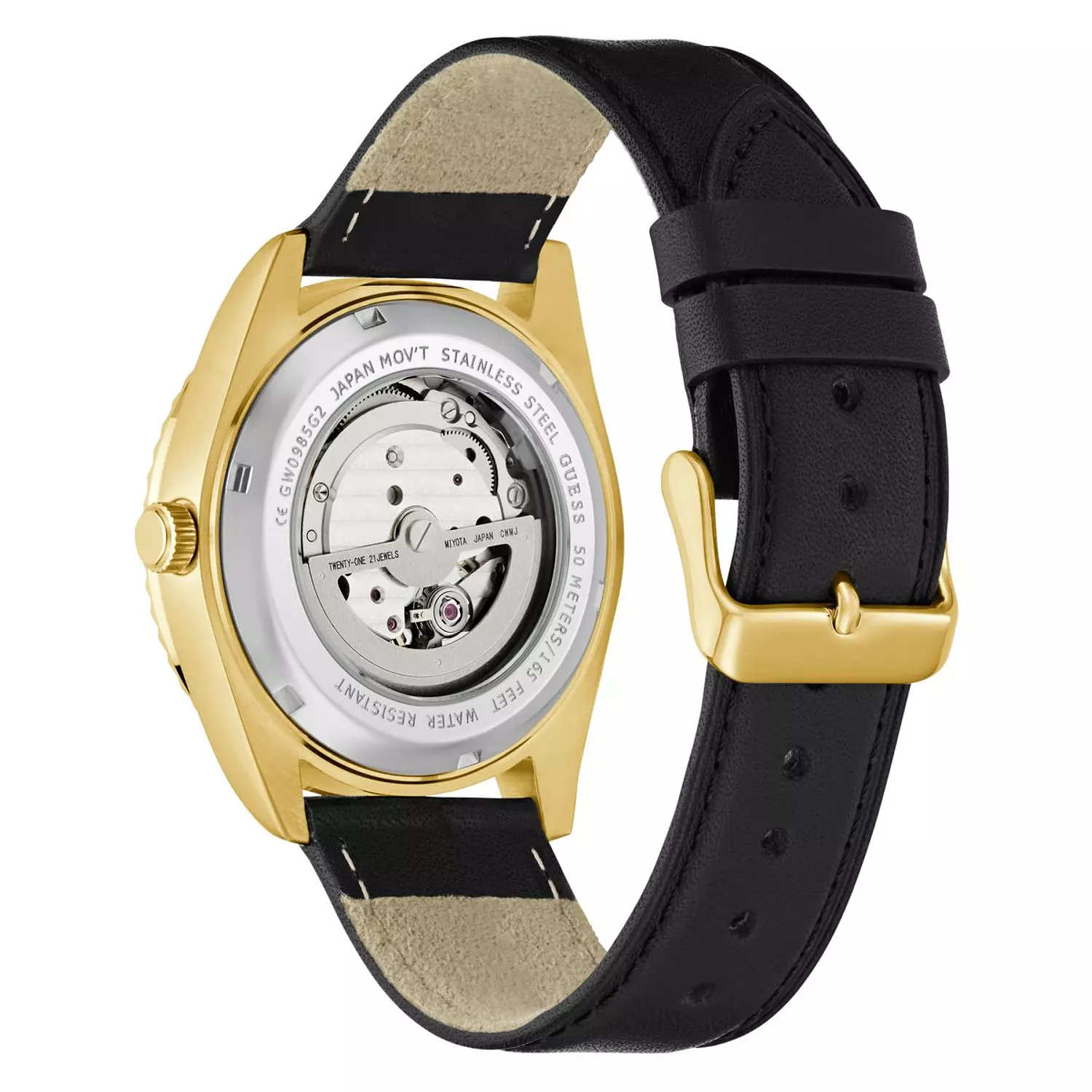 GUESS CONNOISSEUR Mens Black Gold Tone Automatic Watch Black Genuine Leather Brushed/Polished Strap 4