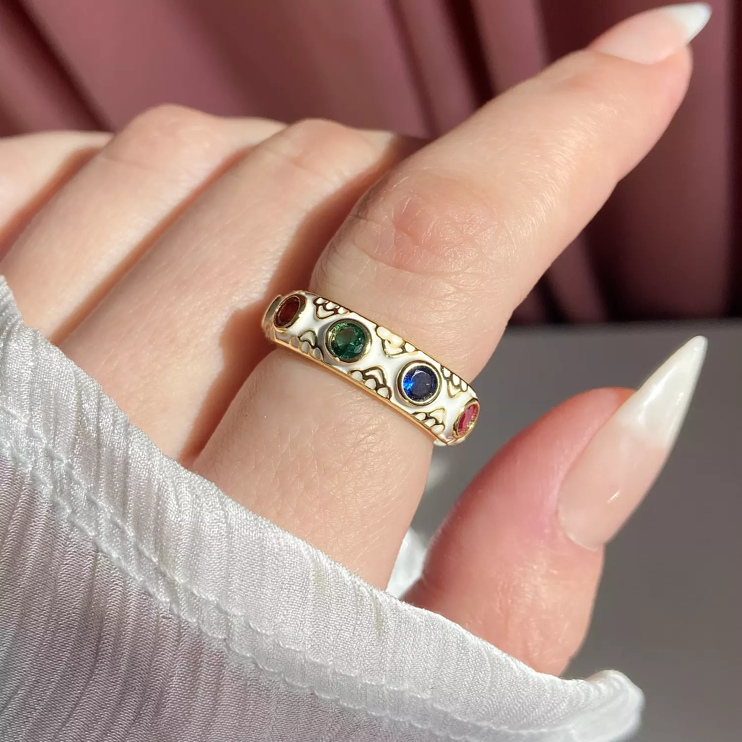 White vintage ring with colorful stones image